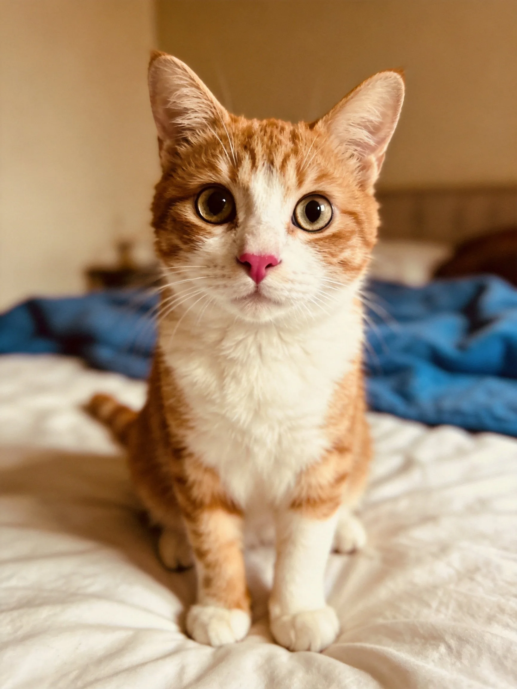 An orange and white cat sits on a bed with blue and white sheets