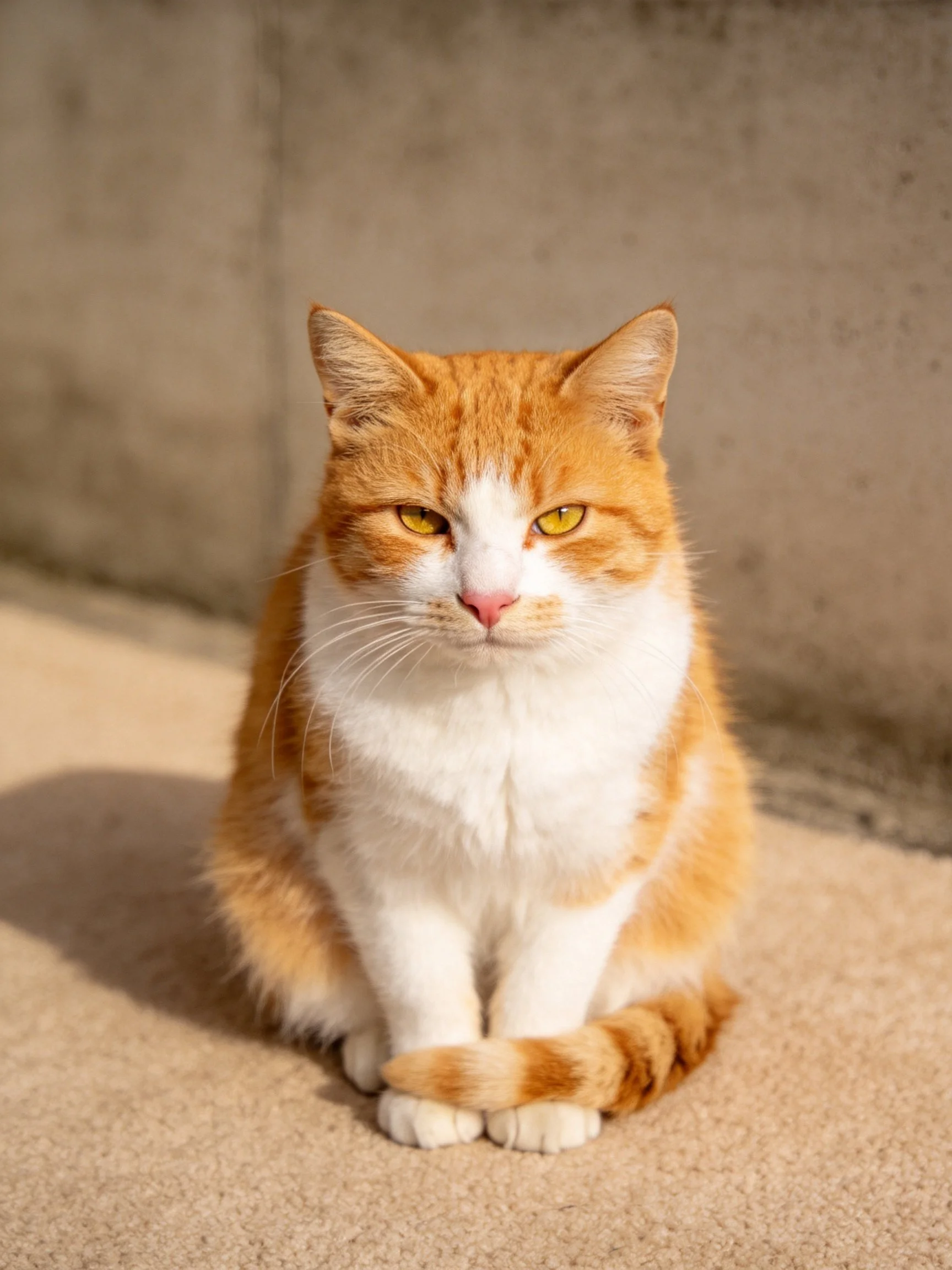 An orange and white cat sits on a beige carpet near a concrete wall