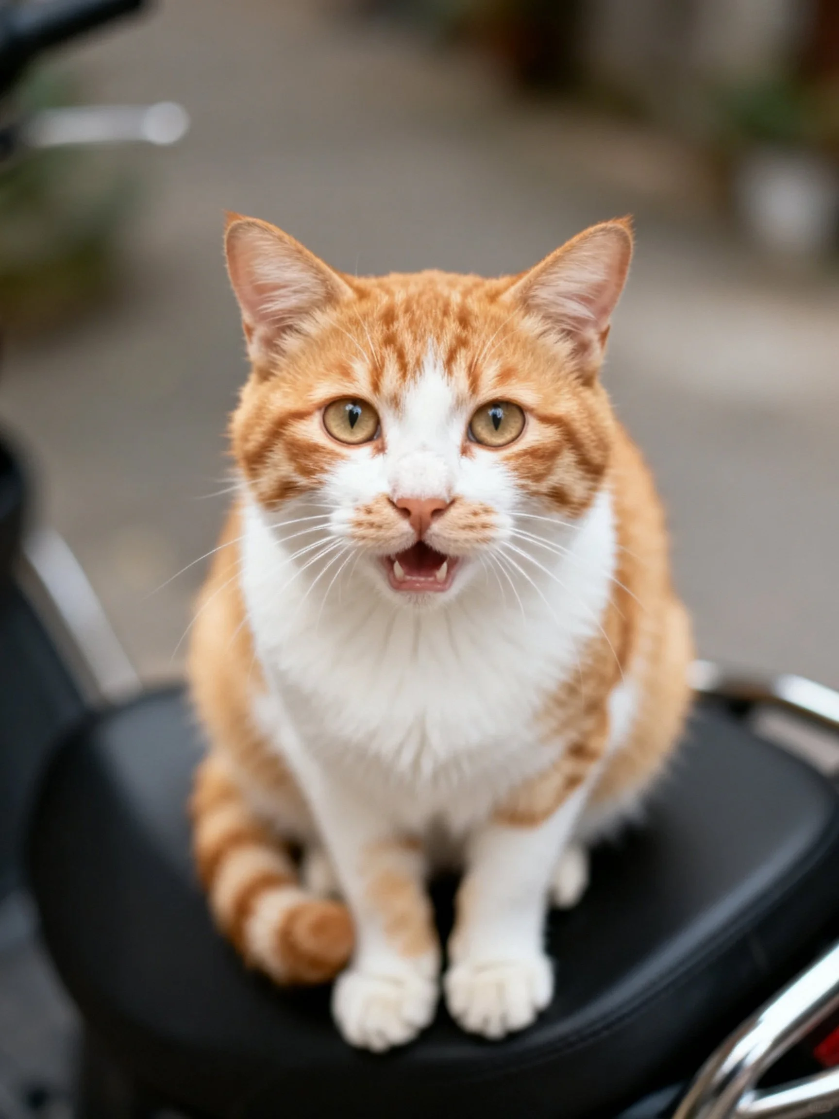 An orange and white cat sits on a scooter seat with its mouth open