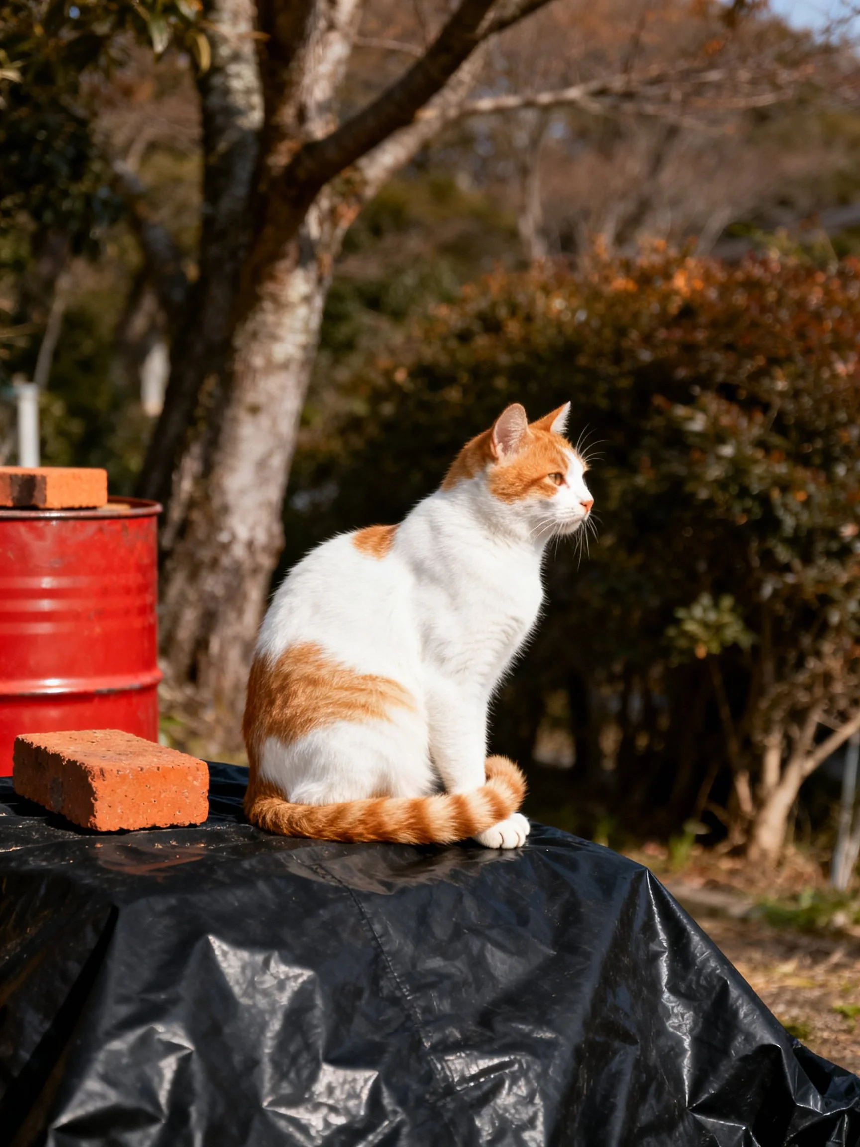 An orange and white cat sits on a black tarp in an outdoor setting