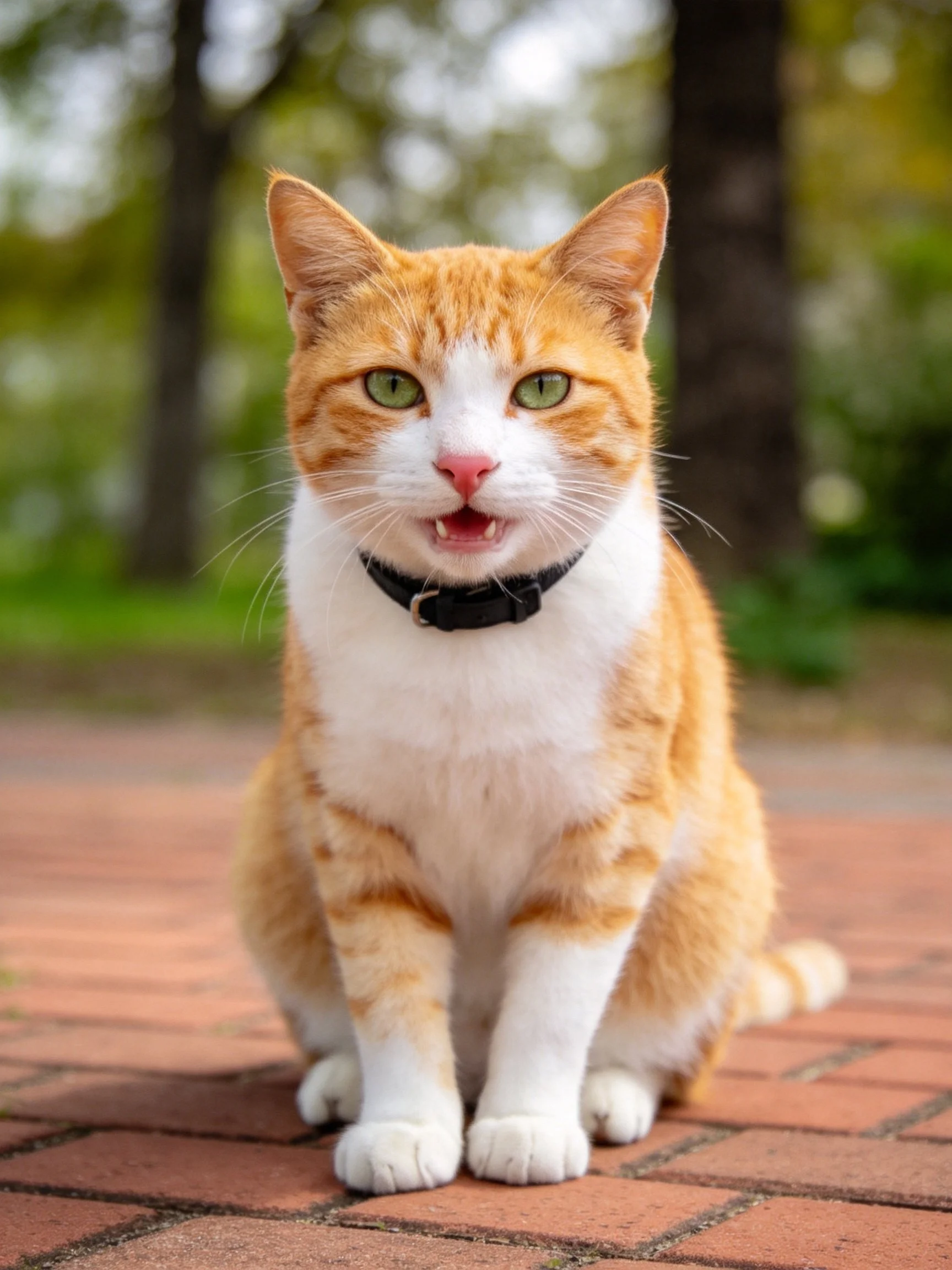An orange and white cat sits on a brick path in a park