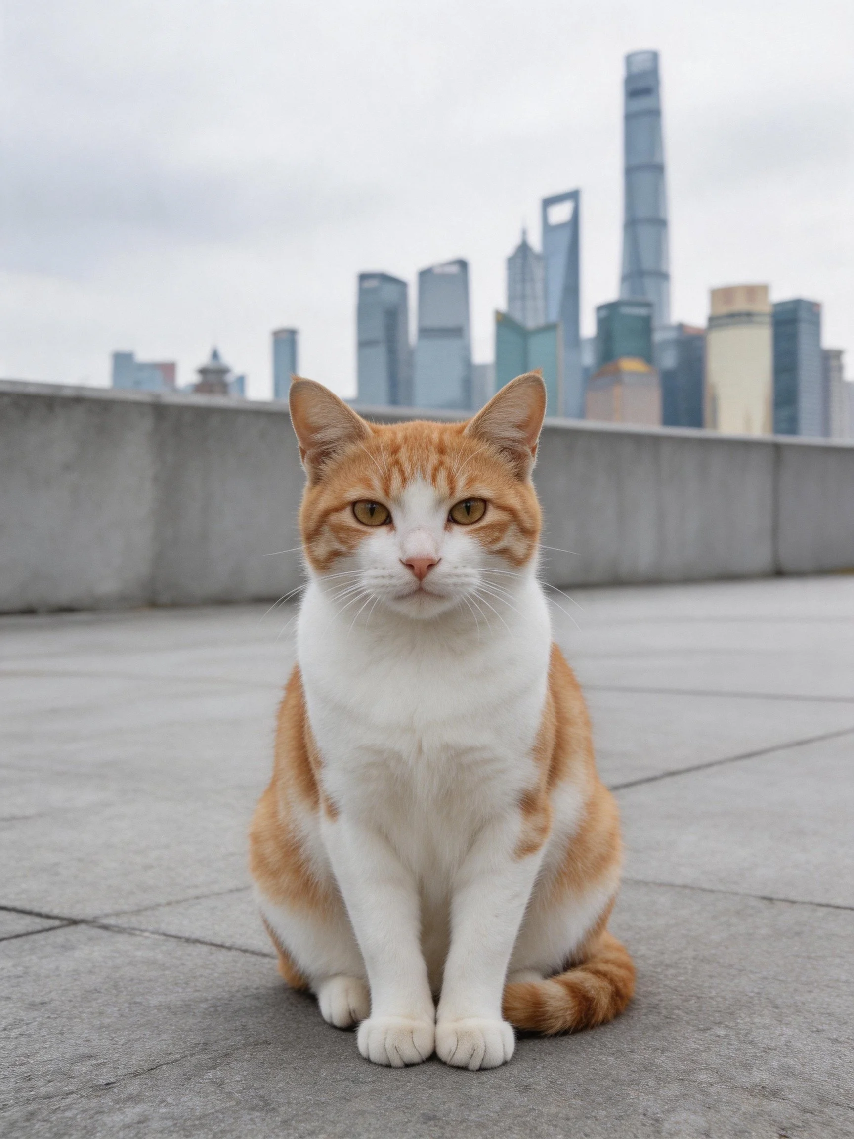 An orange and white cat sits on a concrete terrace with city skyscrapers behind