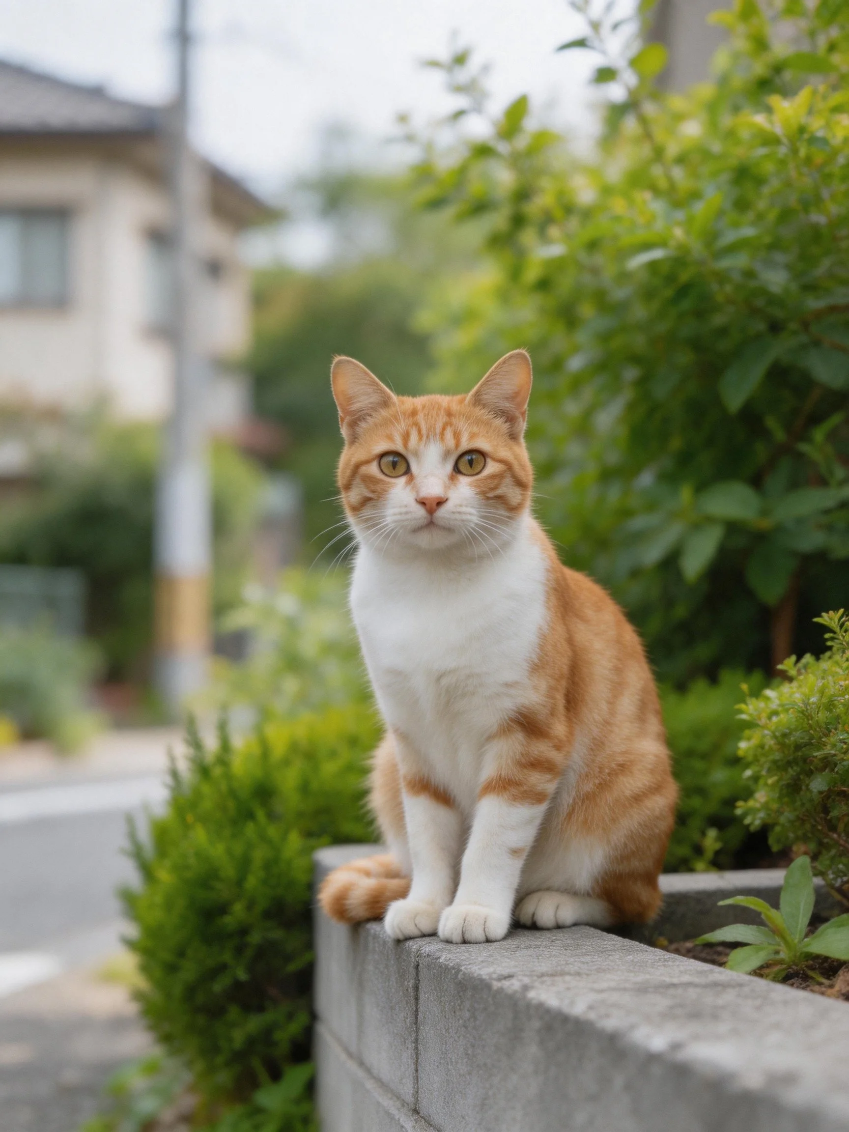 An orange and white cat sits on a concrete wall near green shrubs