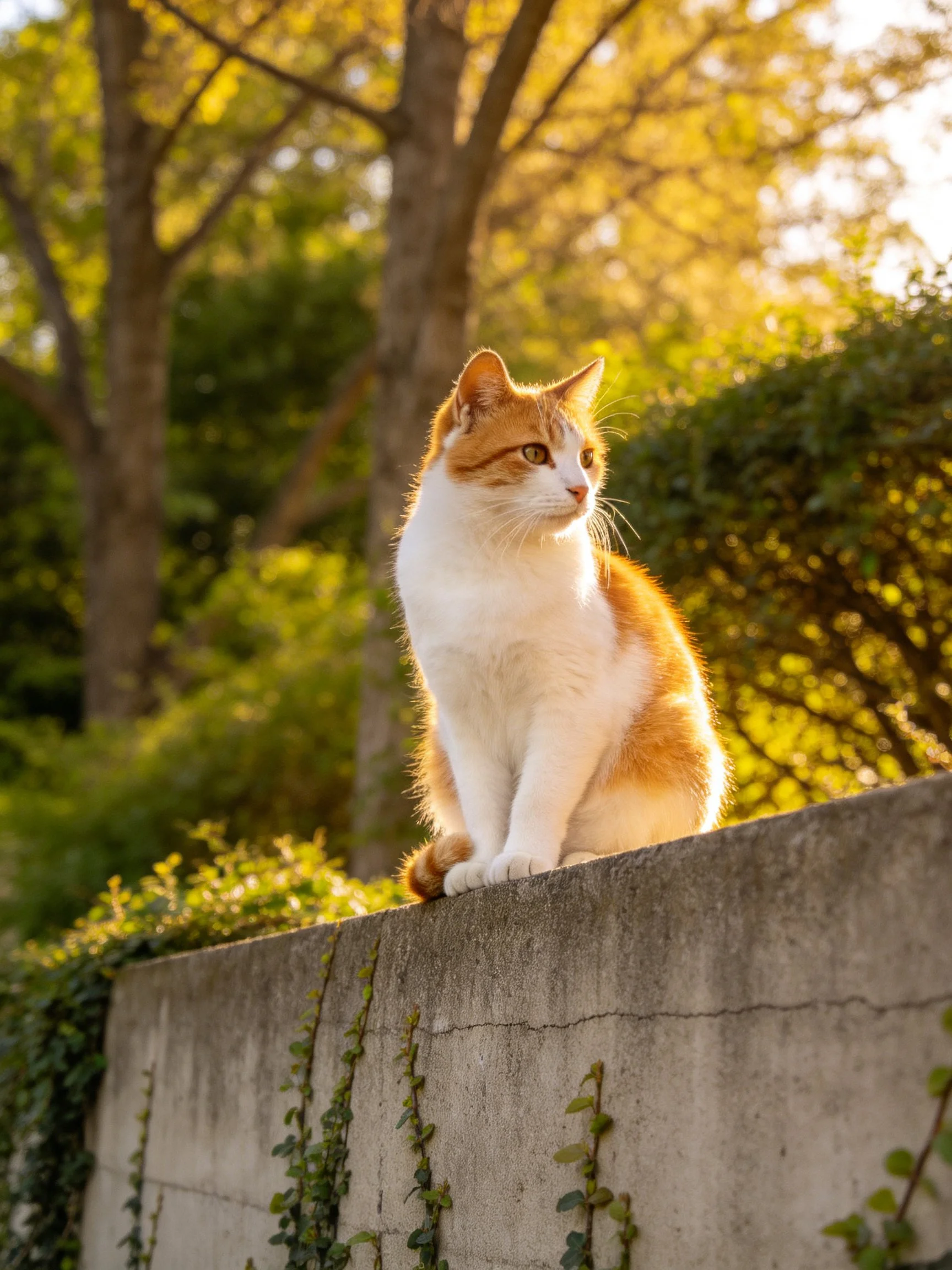 An orange and white cat sits on a concrete wall with greenery