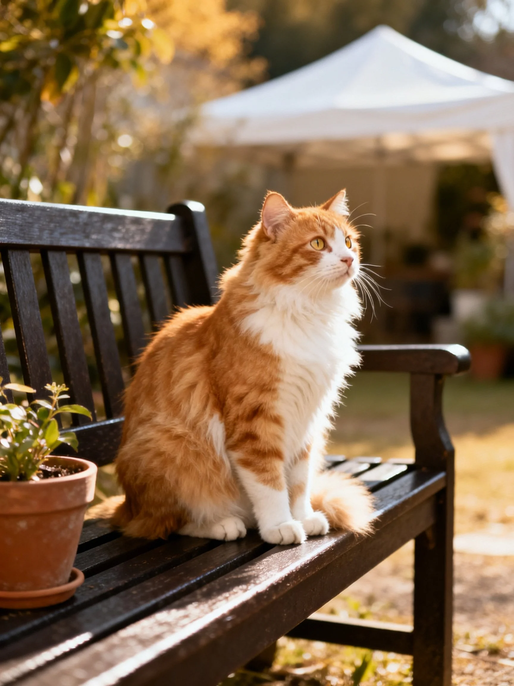 An orange and white cat sits on a dark wooden bench outdoors