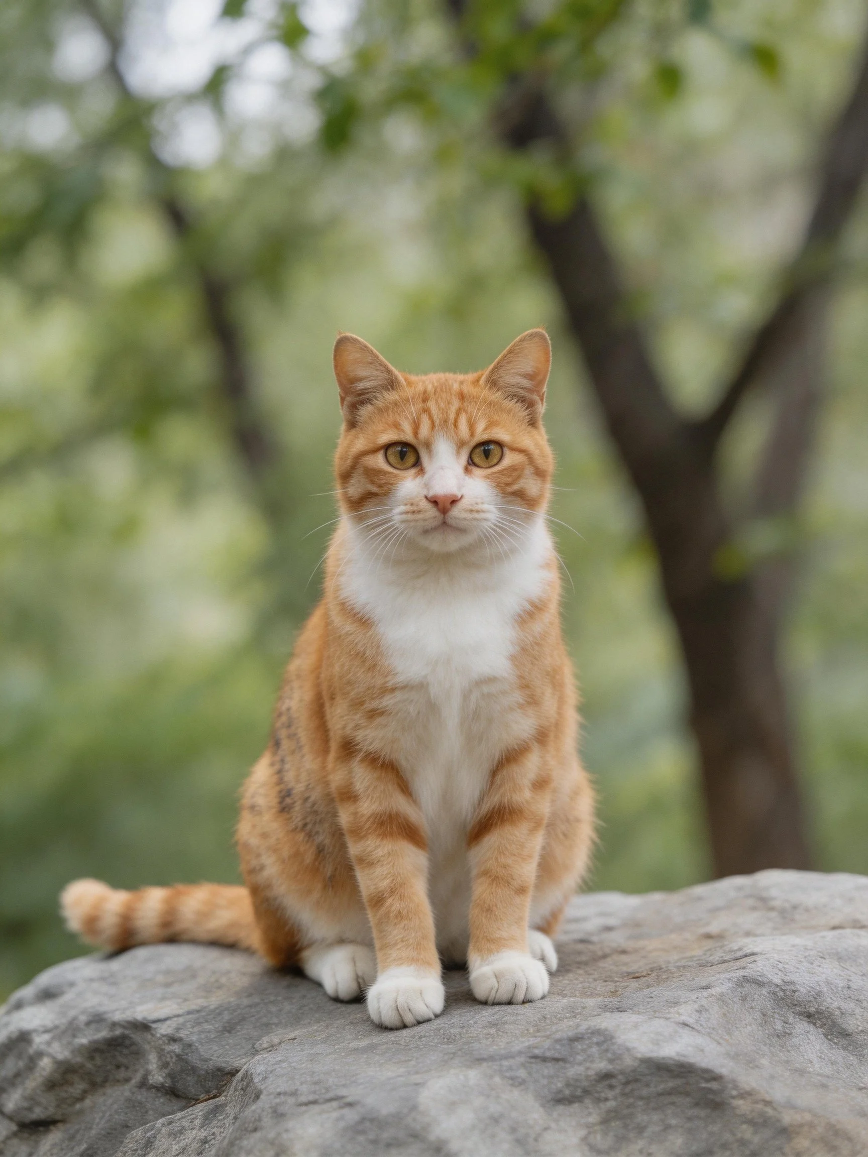 An orange and white cat sits calmly on a large gray rock in a wooded area.