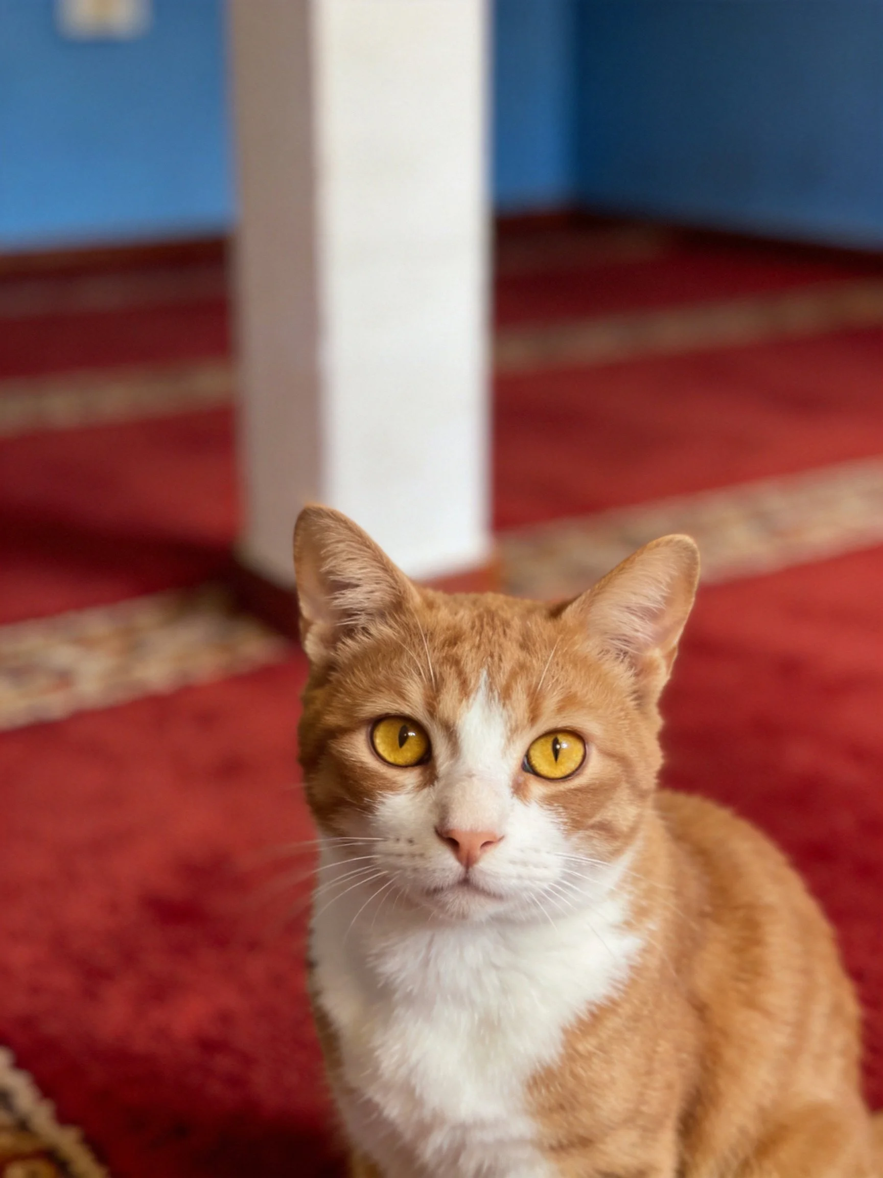 An orange and white cat rests on a red carpet in an indoor room.