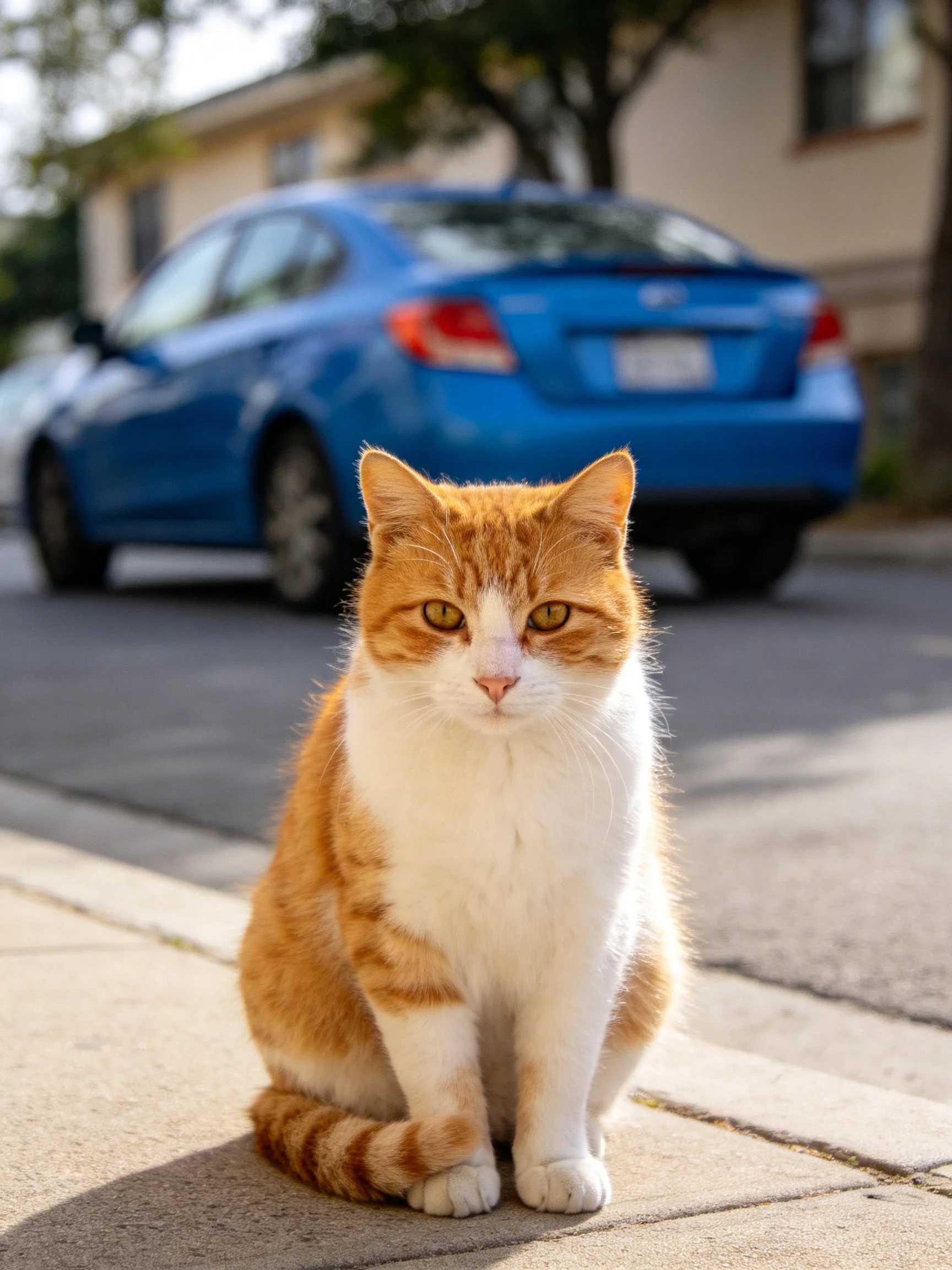 An orange and white cat sits on a sidewalk near a blue car