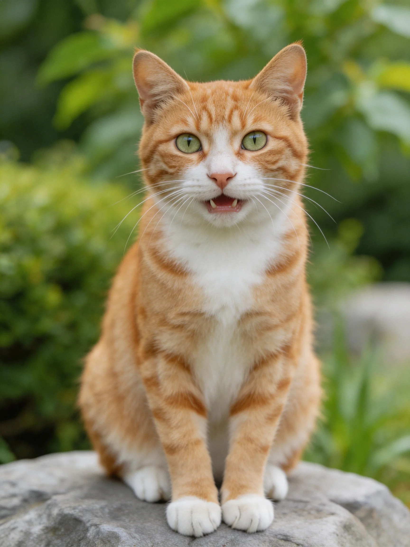An orange and white cat sits on a stone amid lush greenery