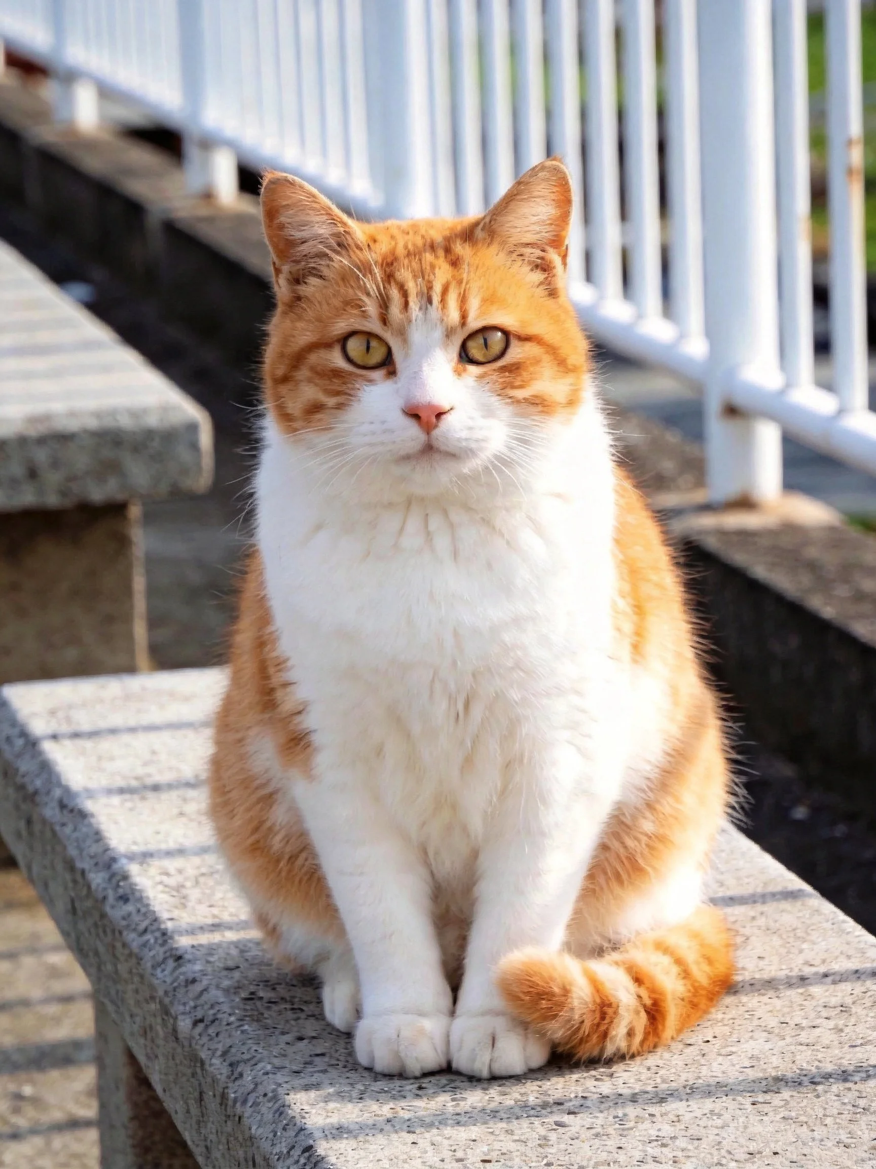 An orange and white cat sits on a stone bench near a white fence