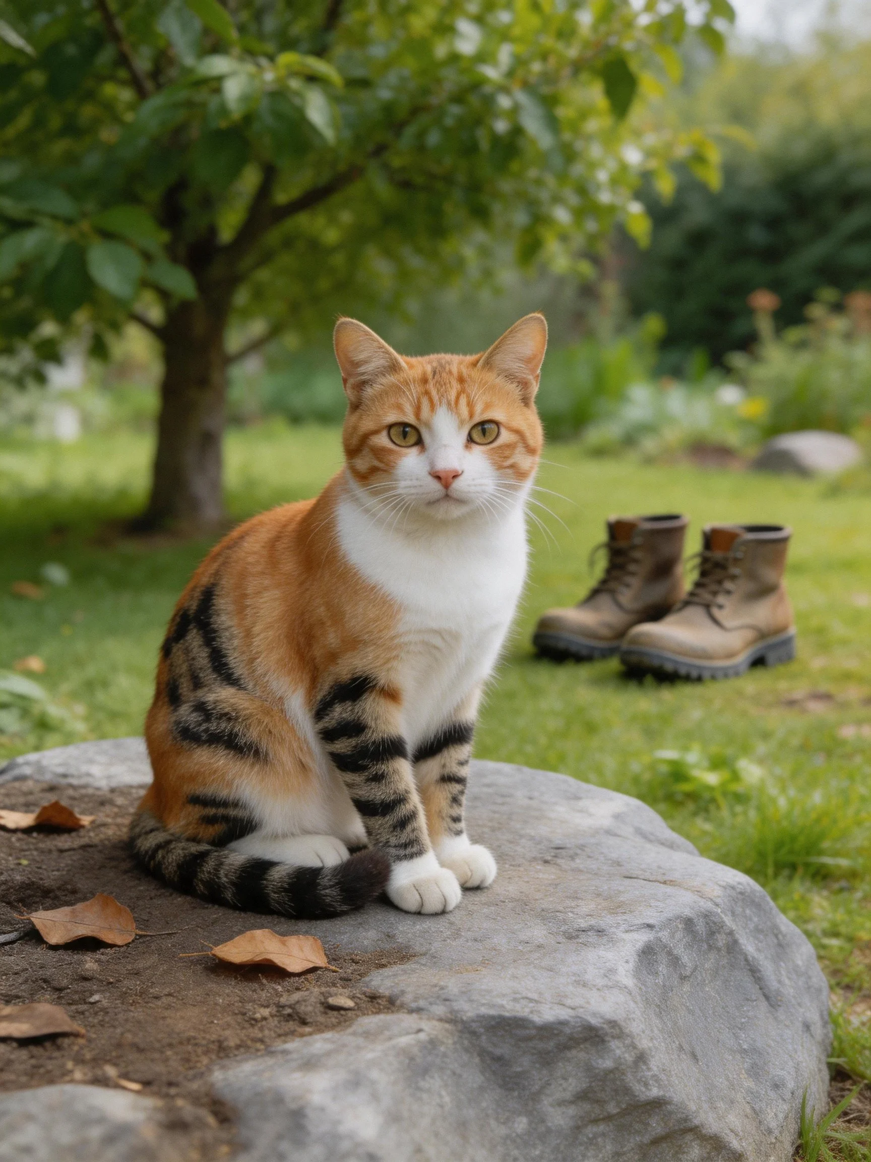 An orange and white cat sits on a stone near brown boots in a green garden.