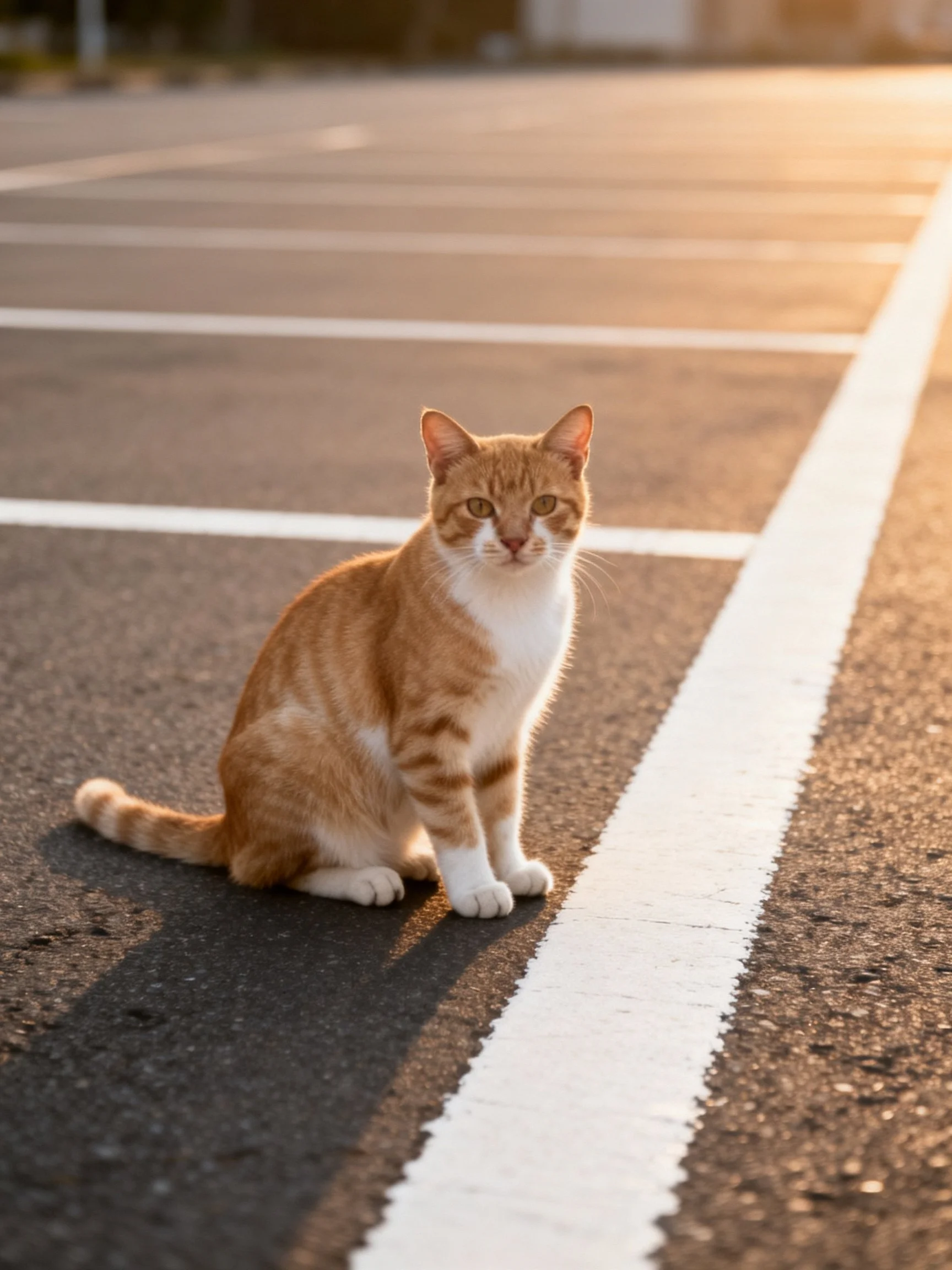 An orange and white cat sits calmly on a sunlit parking lot