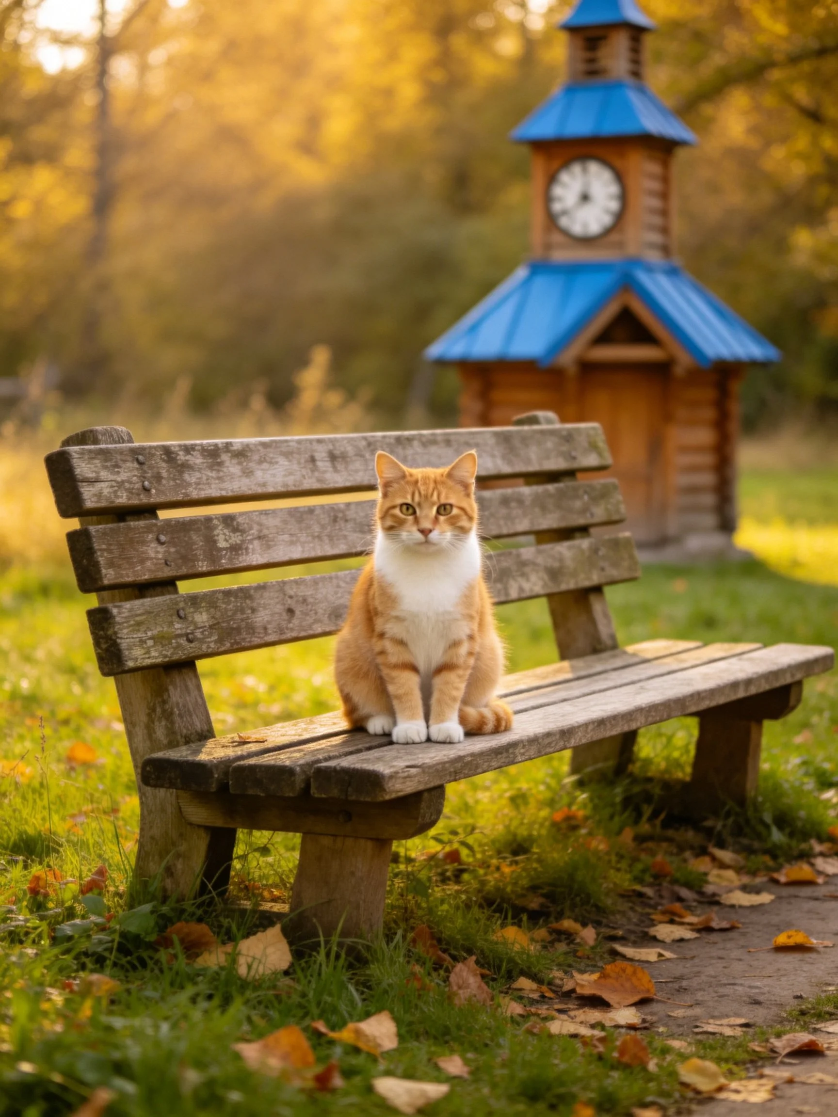 An orange and white cat sits on a weathered wooden bench near a blue clock tower.