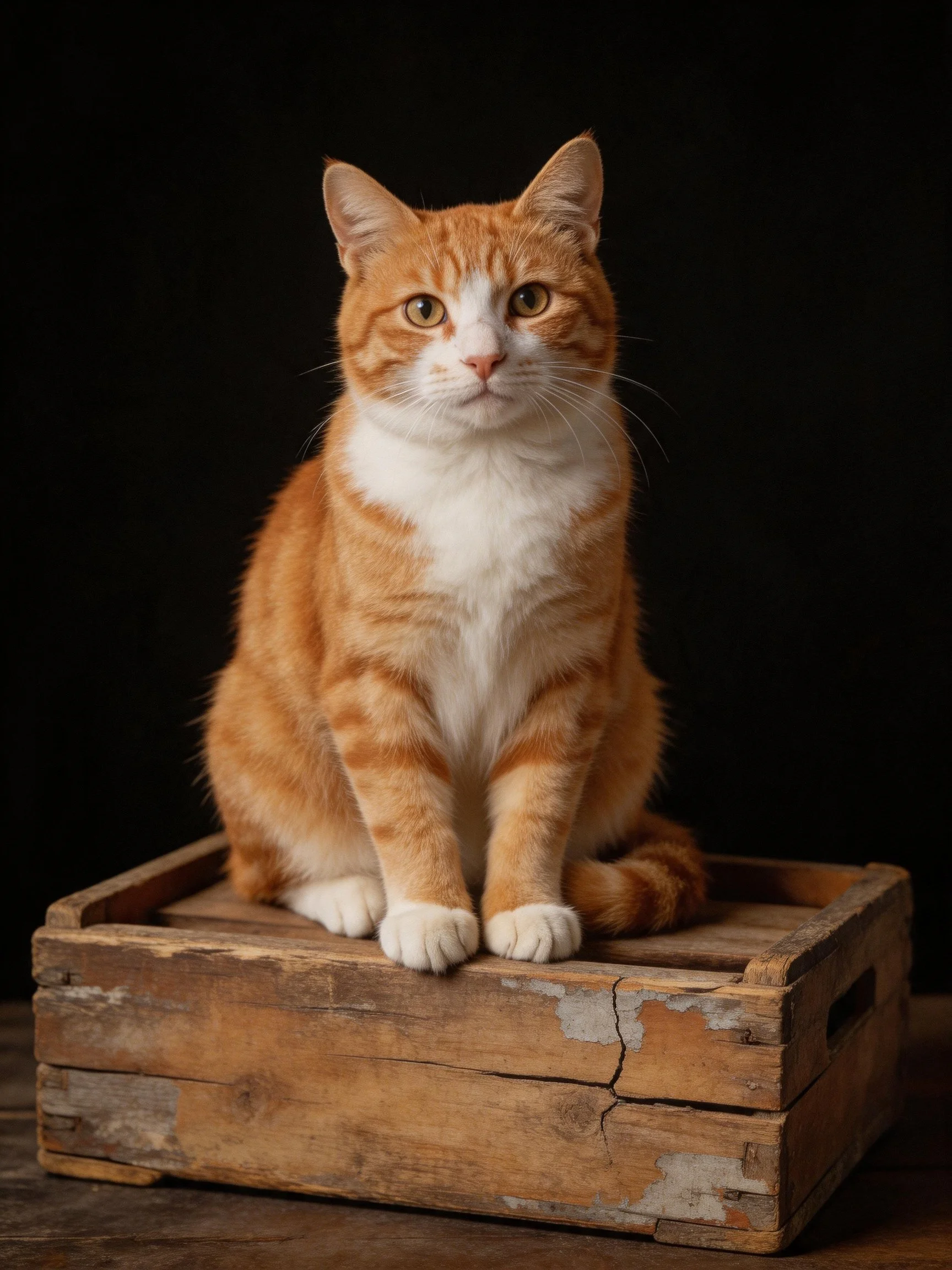 An orange and white cat sits on a weathered wooden crate with a black backdrop.