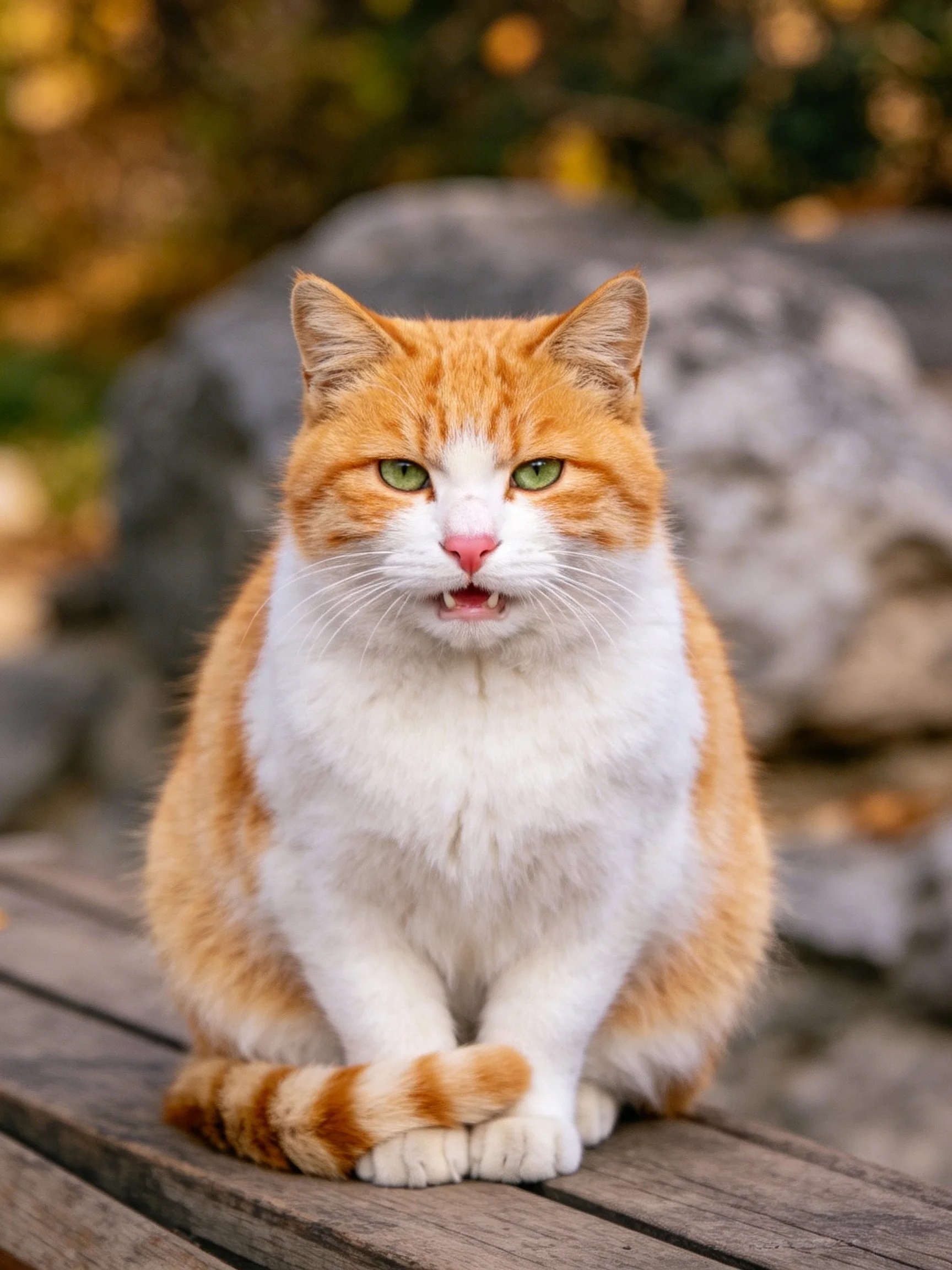 Anorange and white cat sits calmly on a wooden bench in an outdoor setting.
