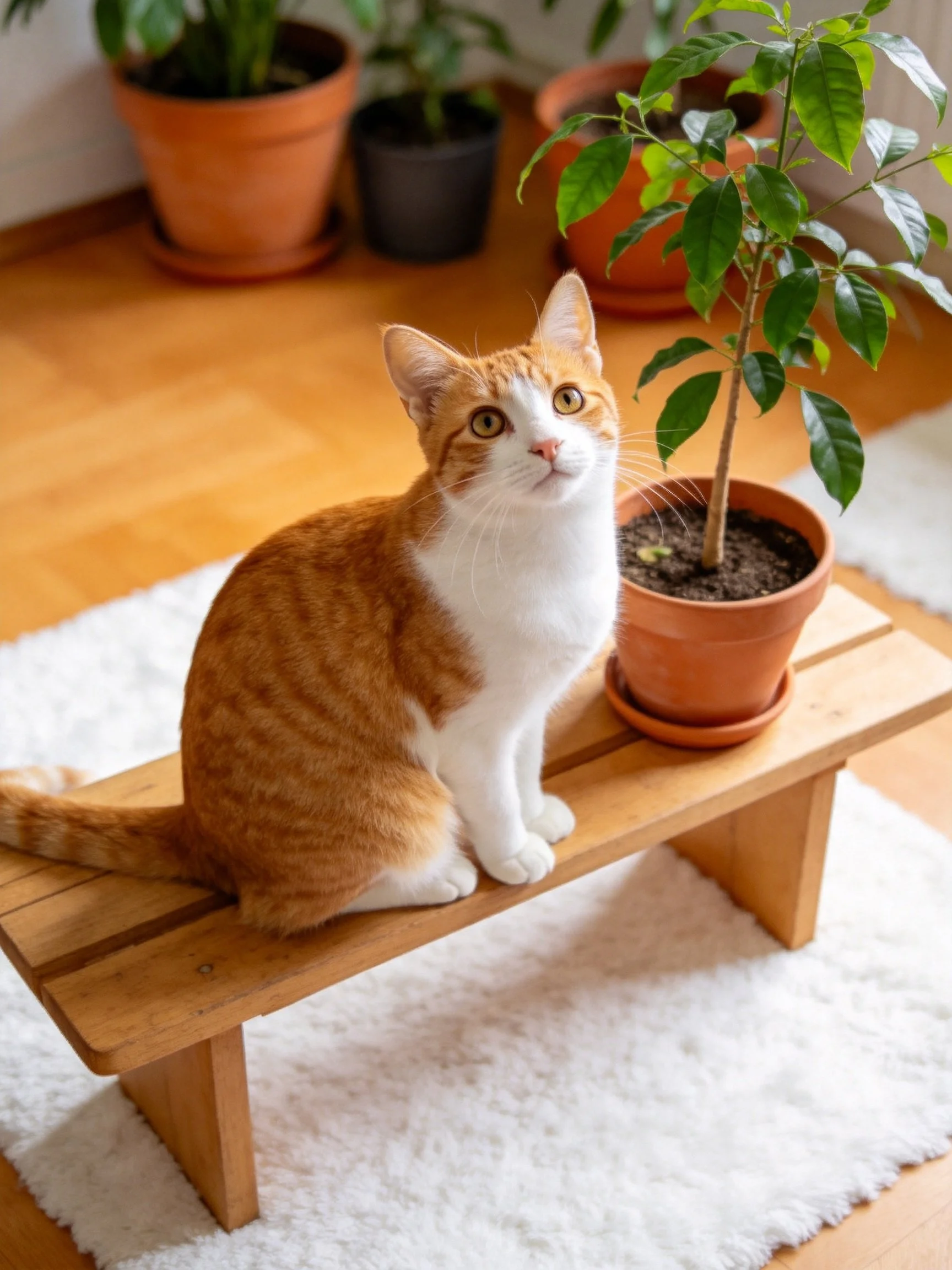 An orange and white cat sits on a wooden bench near potted greenery