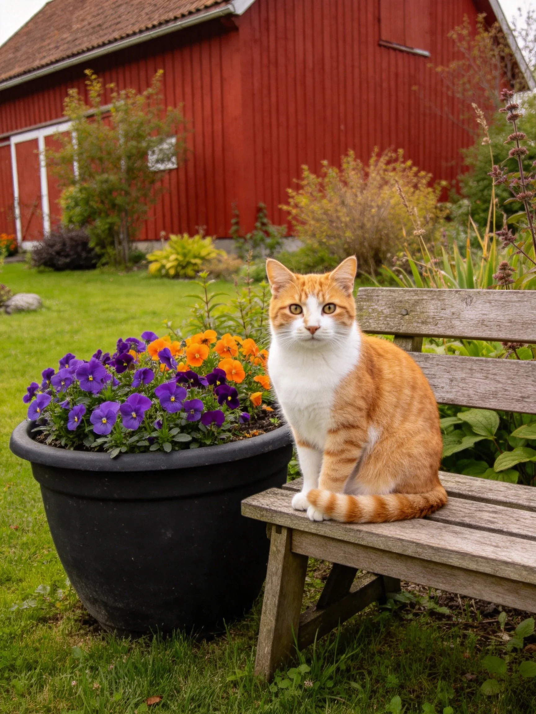 An orange and white cat sits on a wooden bench near vibrant purple and orange flowers by a red barn.