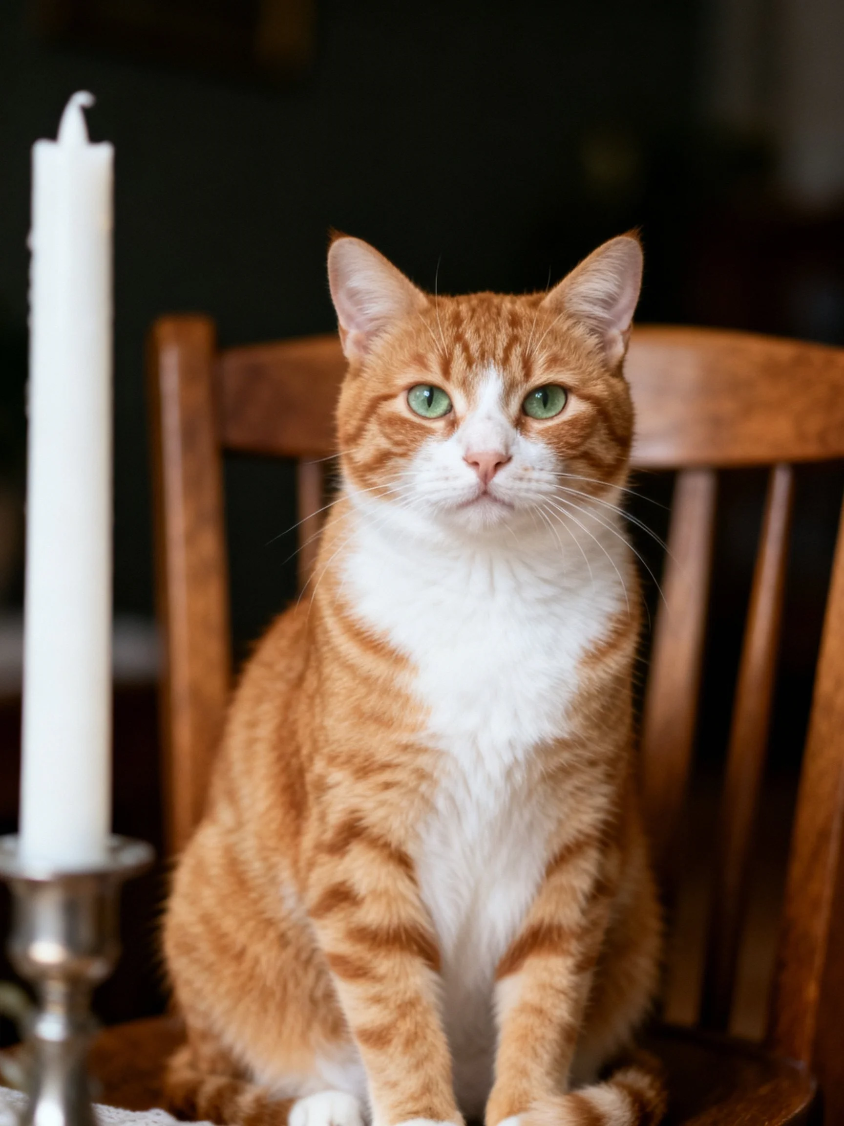 An orange and white cat sits on a wooden chair beside a tall white candle.