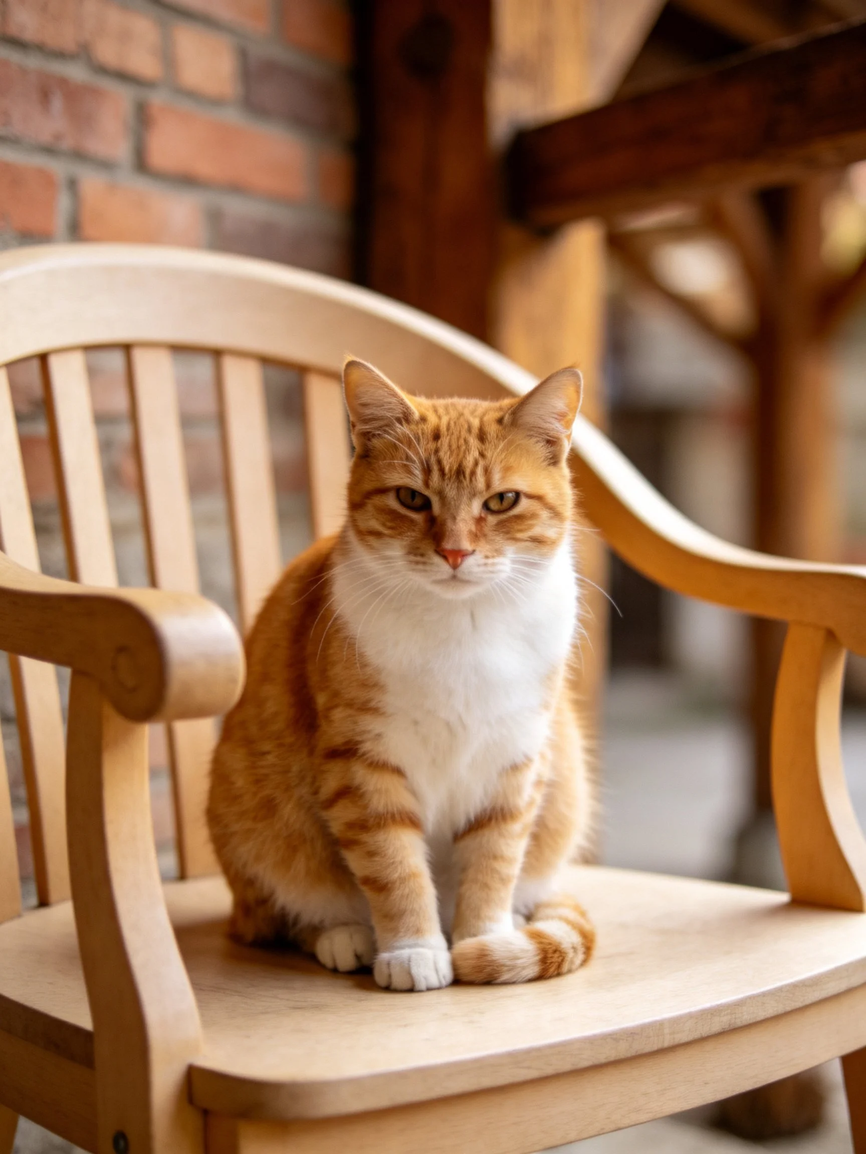 An orange and white cat sits calmly on a wooden chair.
