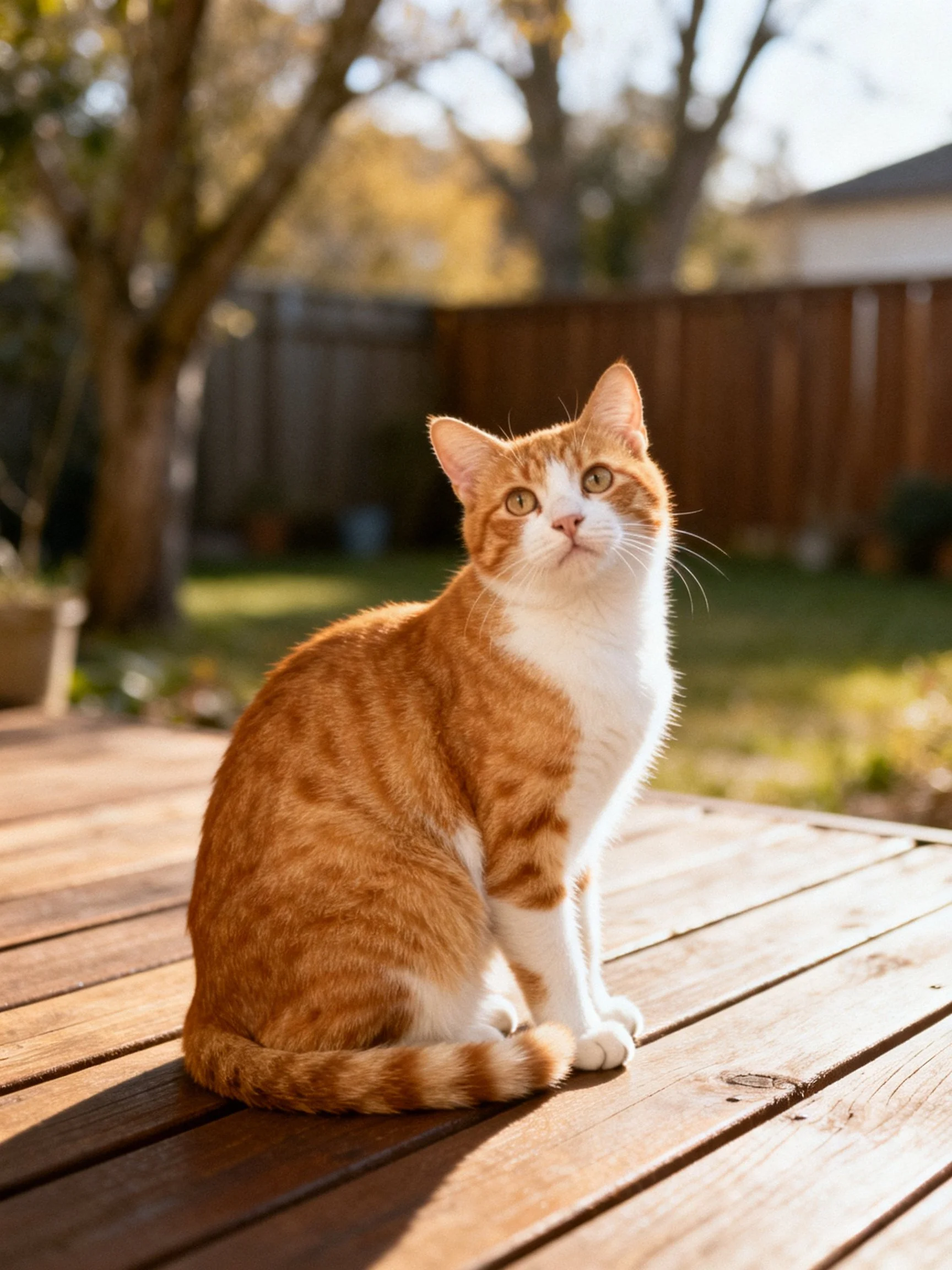 An orange and white cat sits on a wooden deck in a sunny backyard