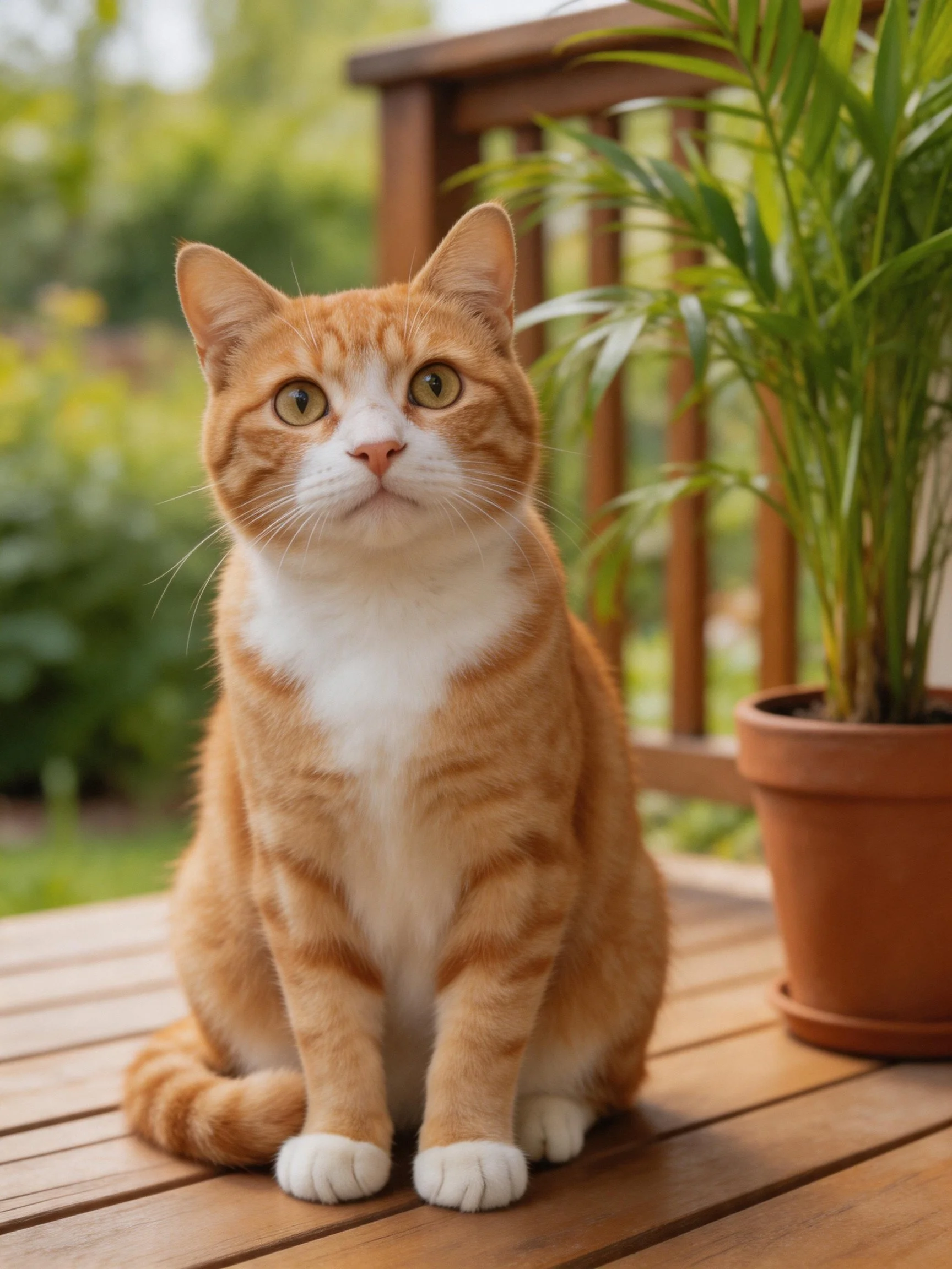 An orange and white cat sits on a wooden deck near a potted plant