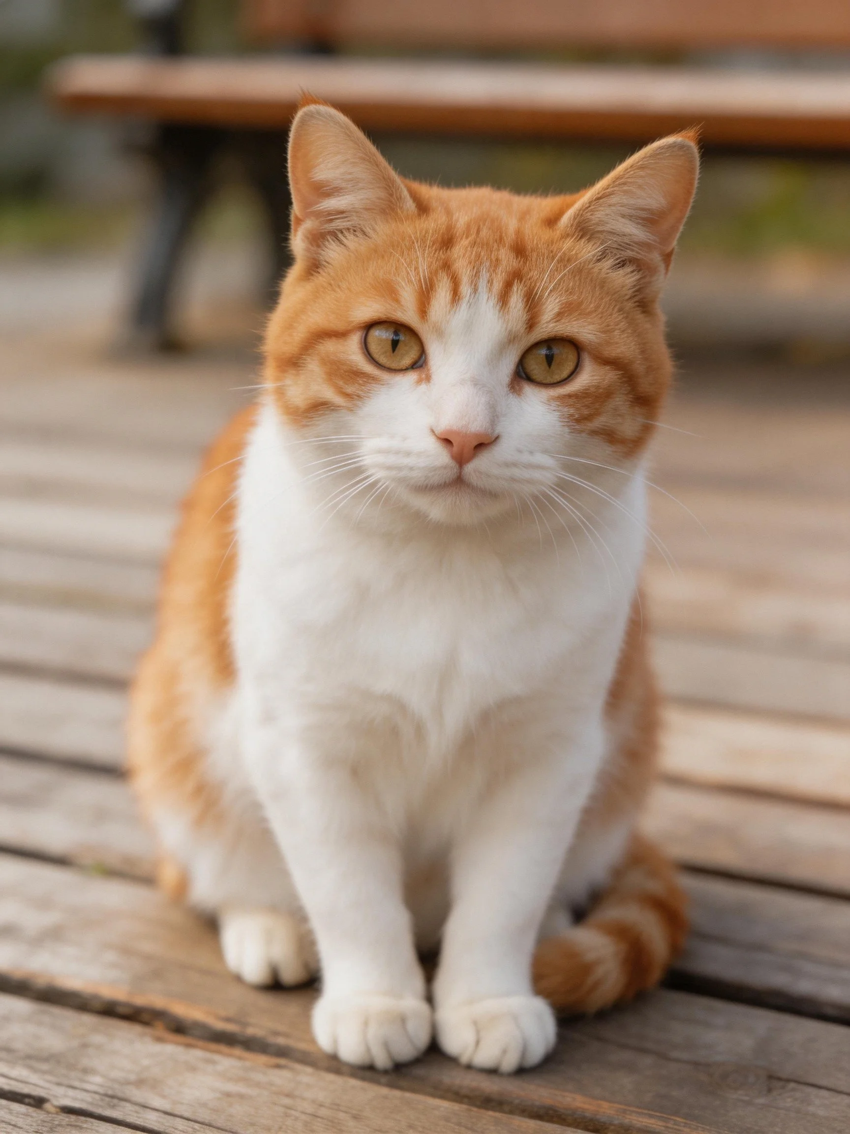 An orange and white cat sits calmly on a weather deck outdoors