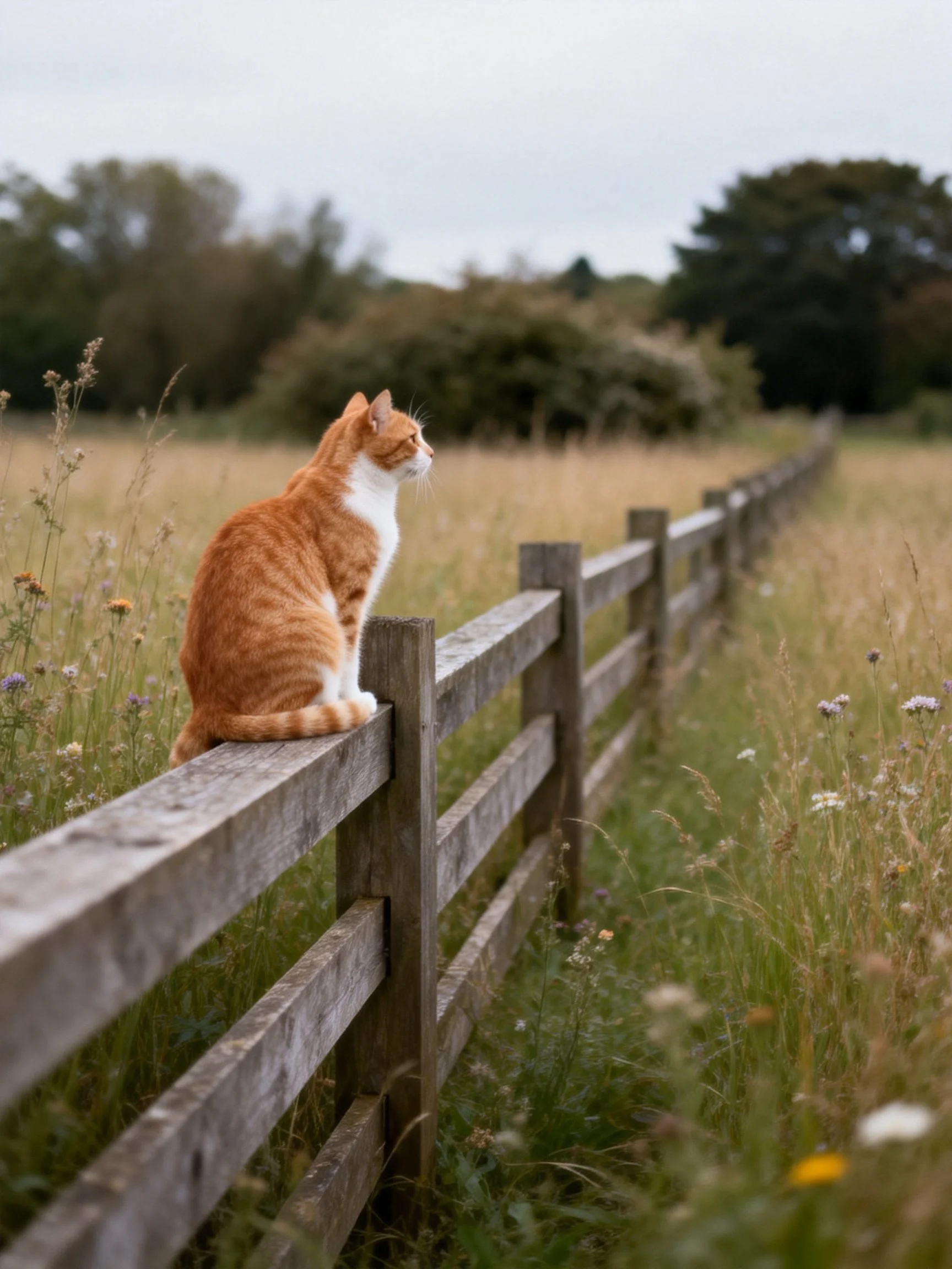 An orange cat rests on a wooden fence while gazing out over a grassy field.
