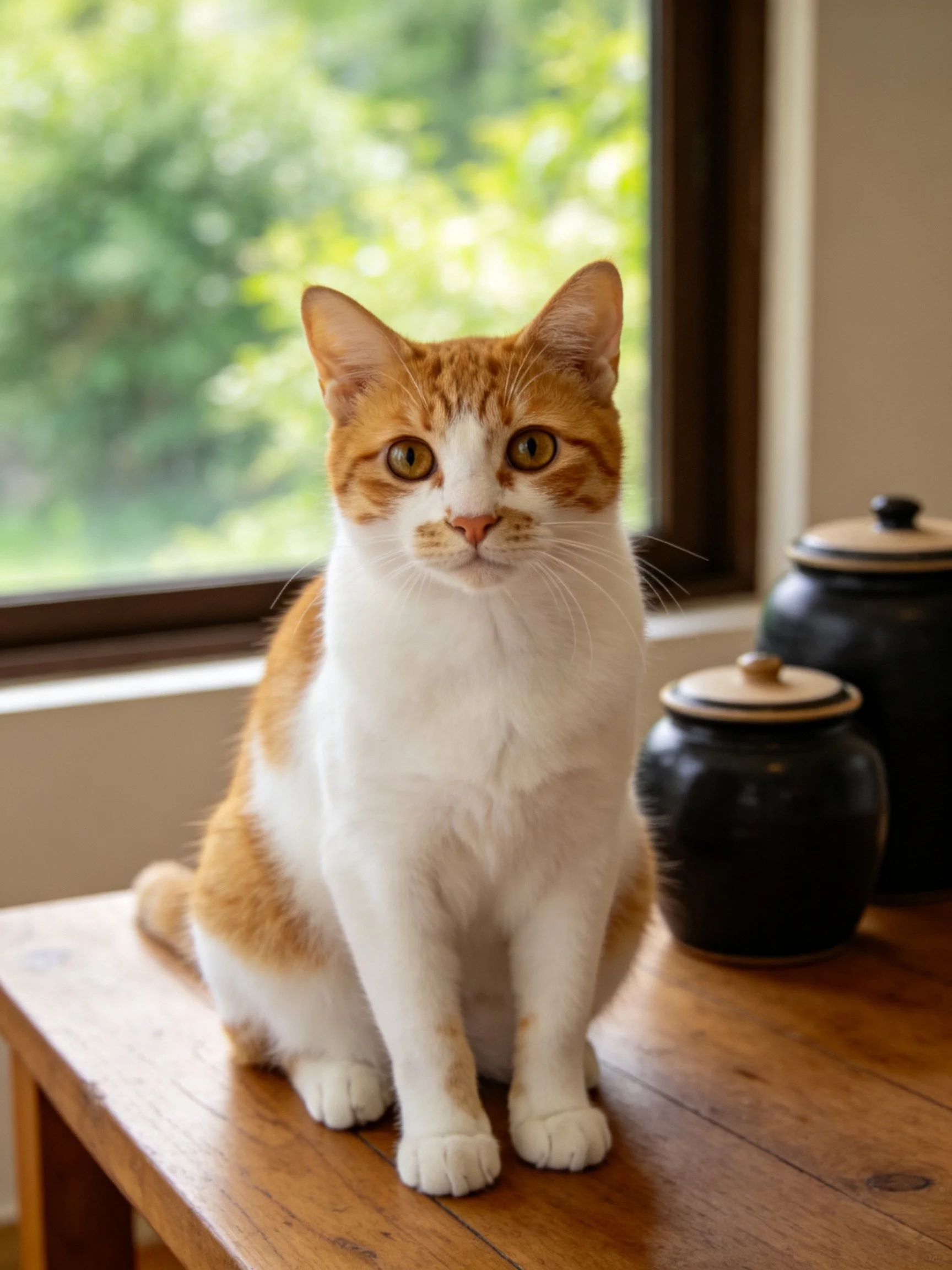 A calico cat sits on a wooden table near black jars by a sunlit window