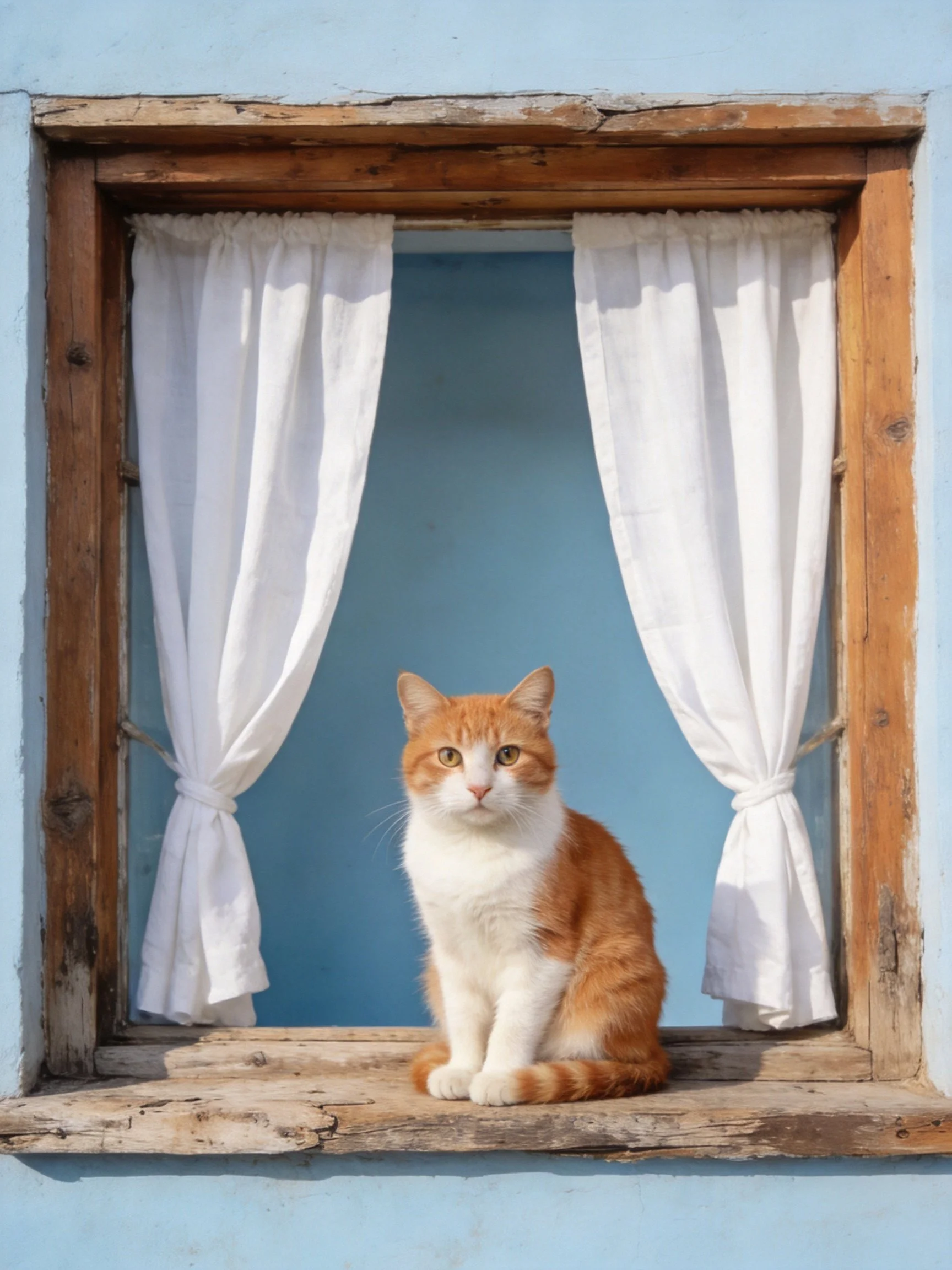 An orange and white cat sits on a wooden windowsill beside white curtains