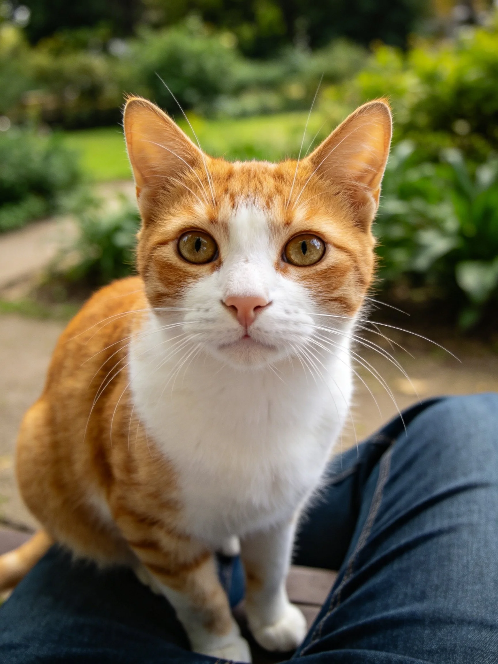 An orange and white cat sits on someone’s blue jeans in a green garden setting.