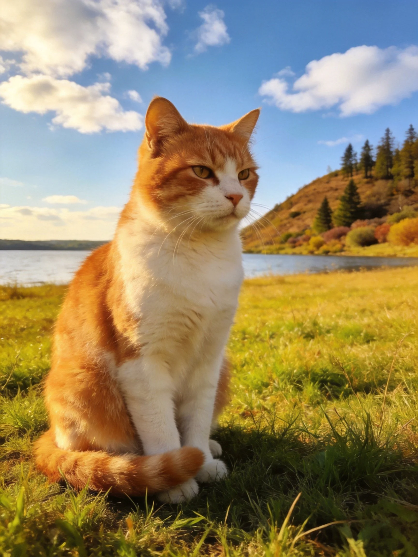 An orange and white cat sits on grass by a lakeside landscape