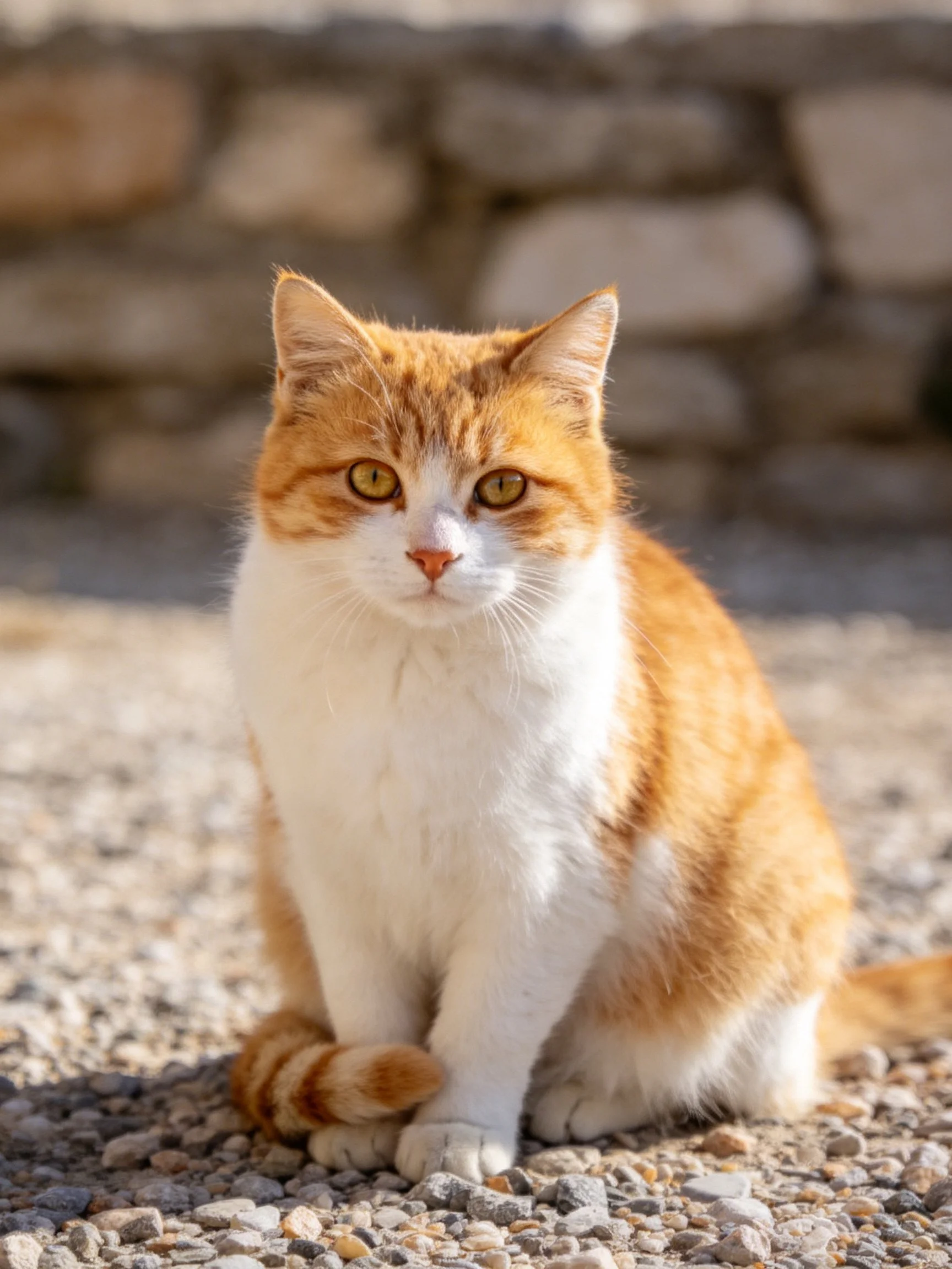An orange and white cat sits on gravel near a stone wall