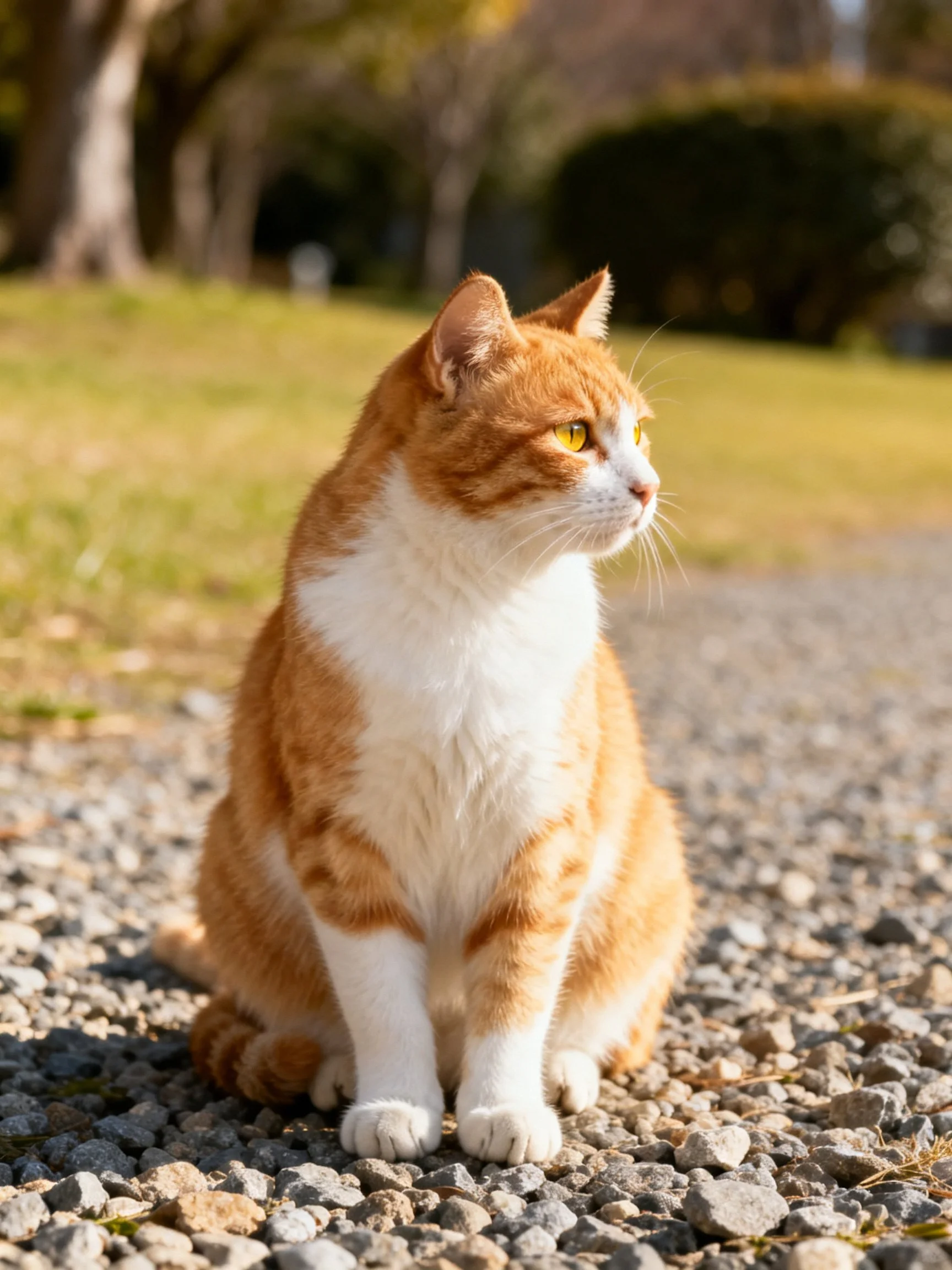 An orange and white cat sits on gravel near greenery