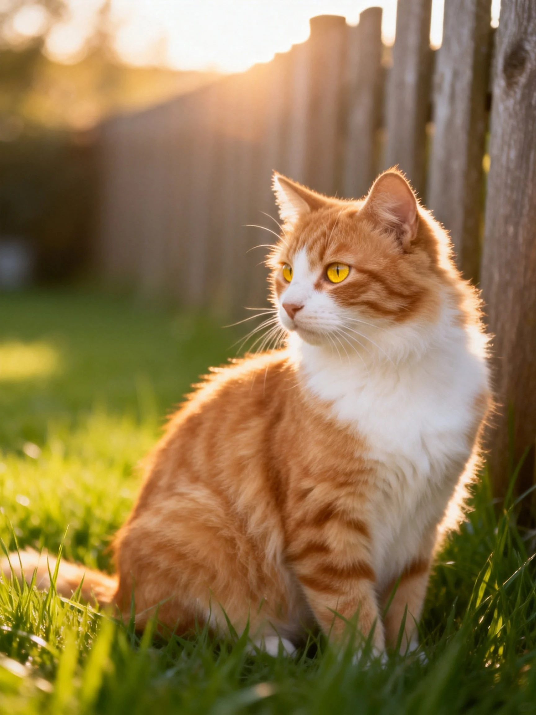An orange and white cat rests on grass near a wooden fence under warm evening light.