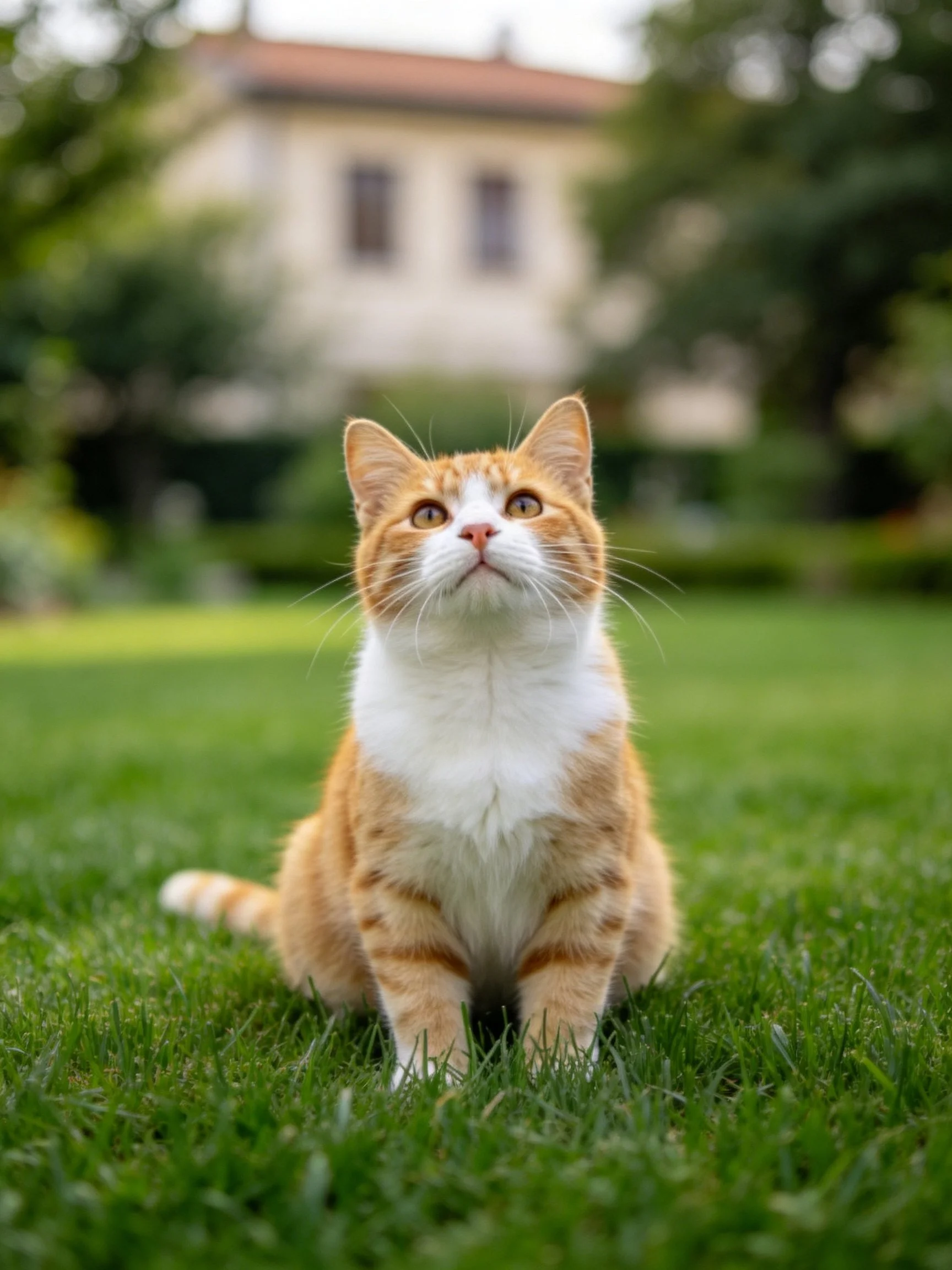 An orange and white cat sits on grass with a house behind