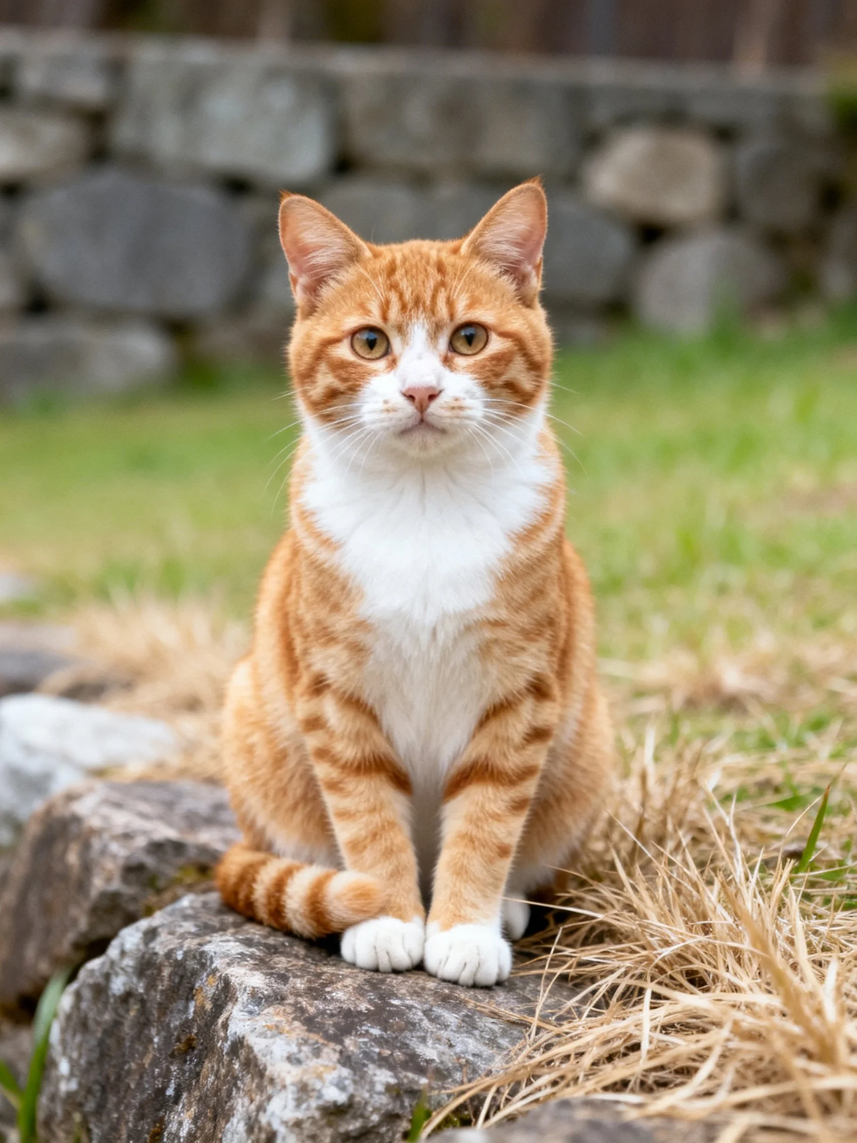 An orange and white cat sits on weathered stones near a stone wall