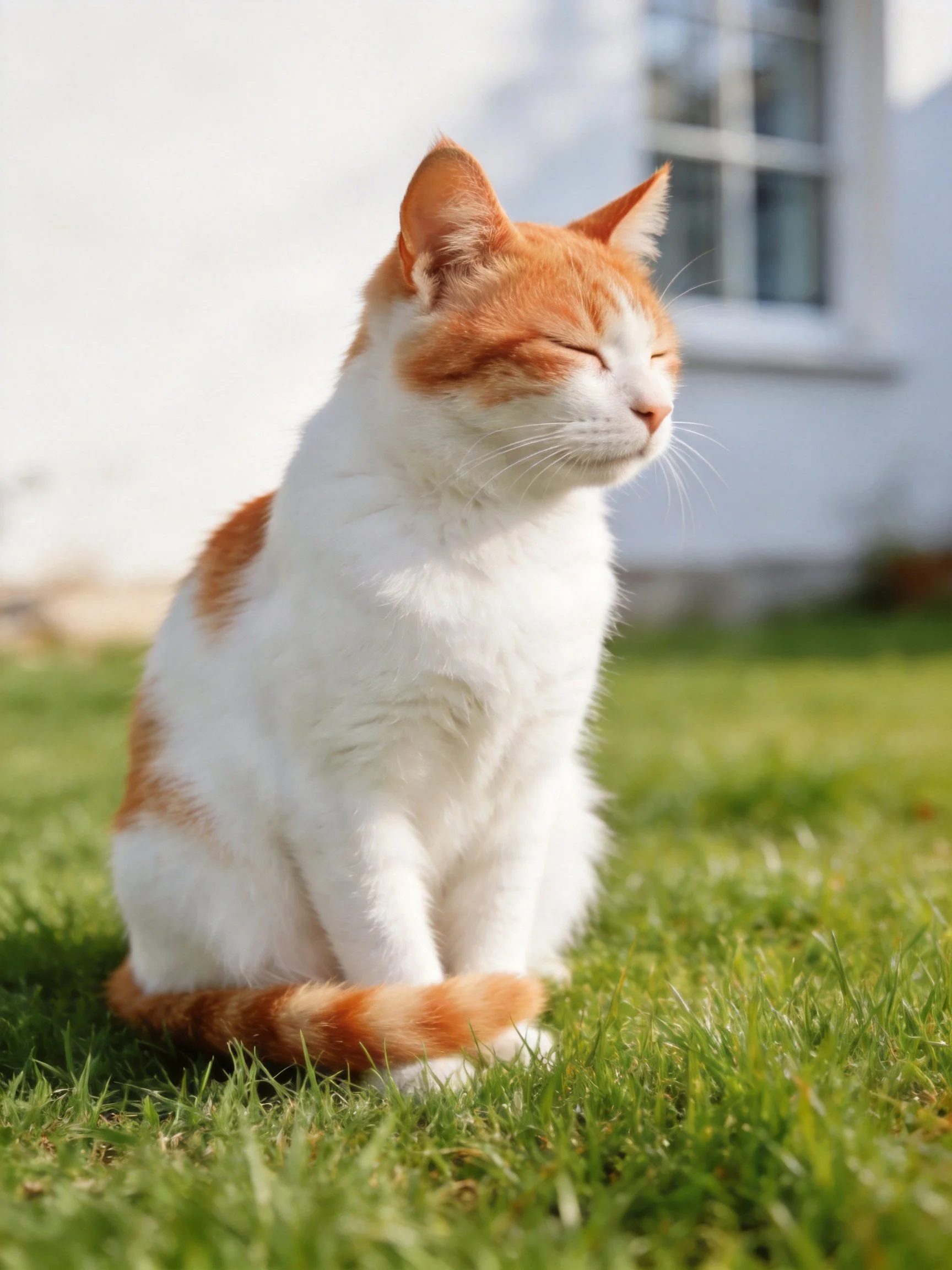 An orange and white cat sits peacefully on green grass near a house