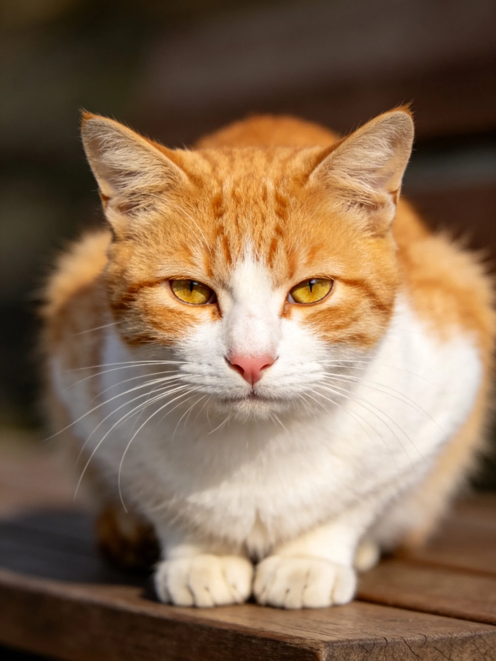 An orange and white cat sits calmly on a wooden structure.