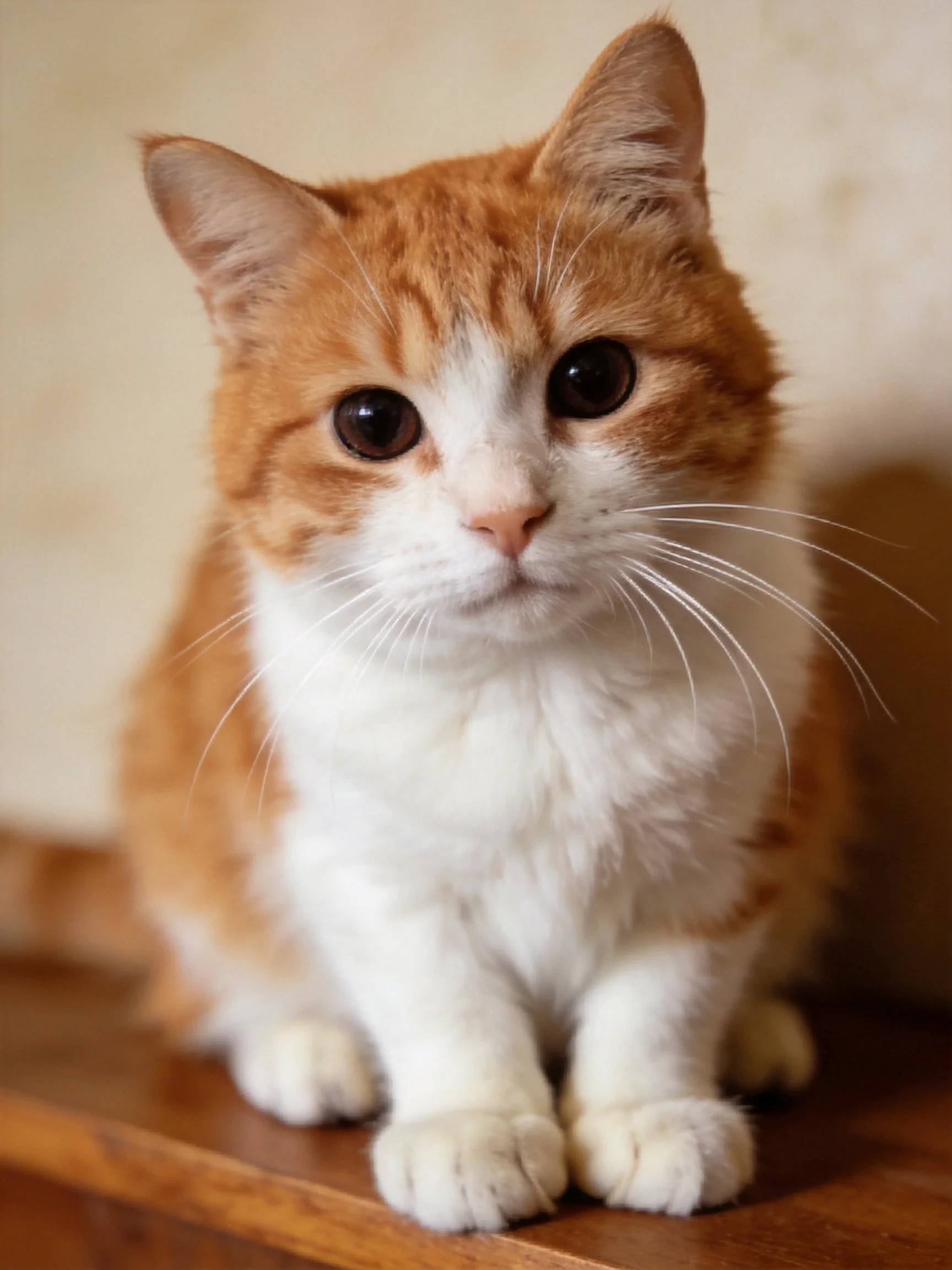 An orange and white cat sits calmly on a wooden surface.