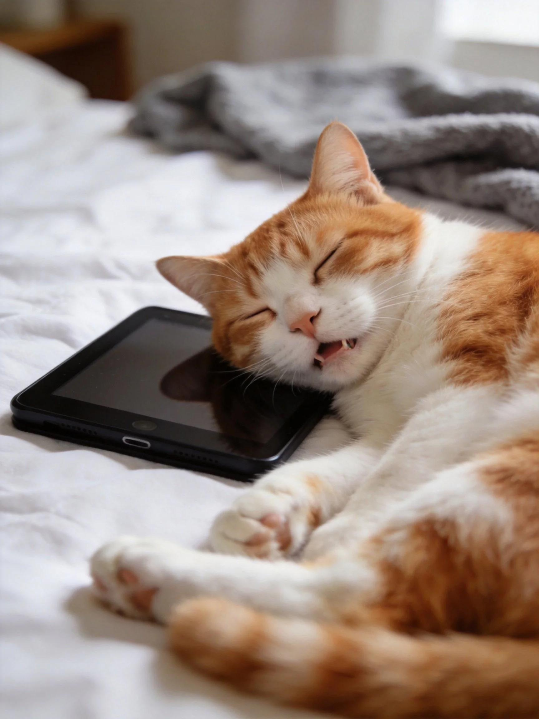 An orange and white cat relaxes next to a black tablet on a bed.
