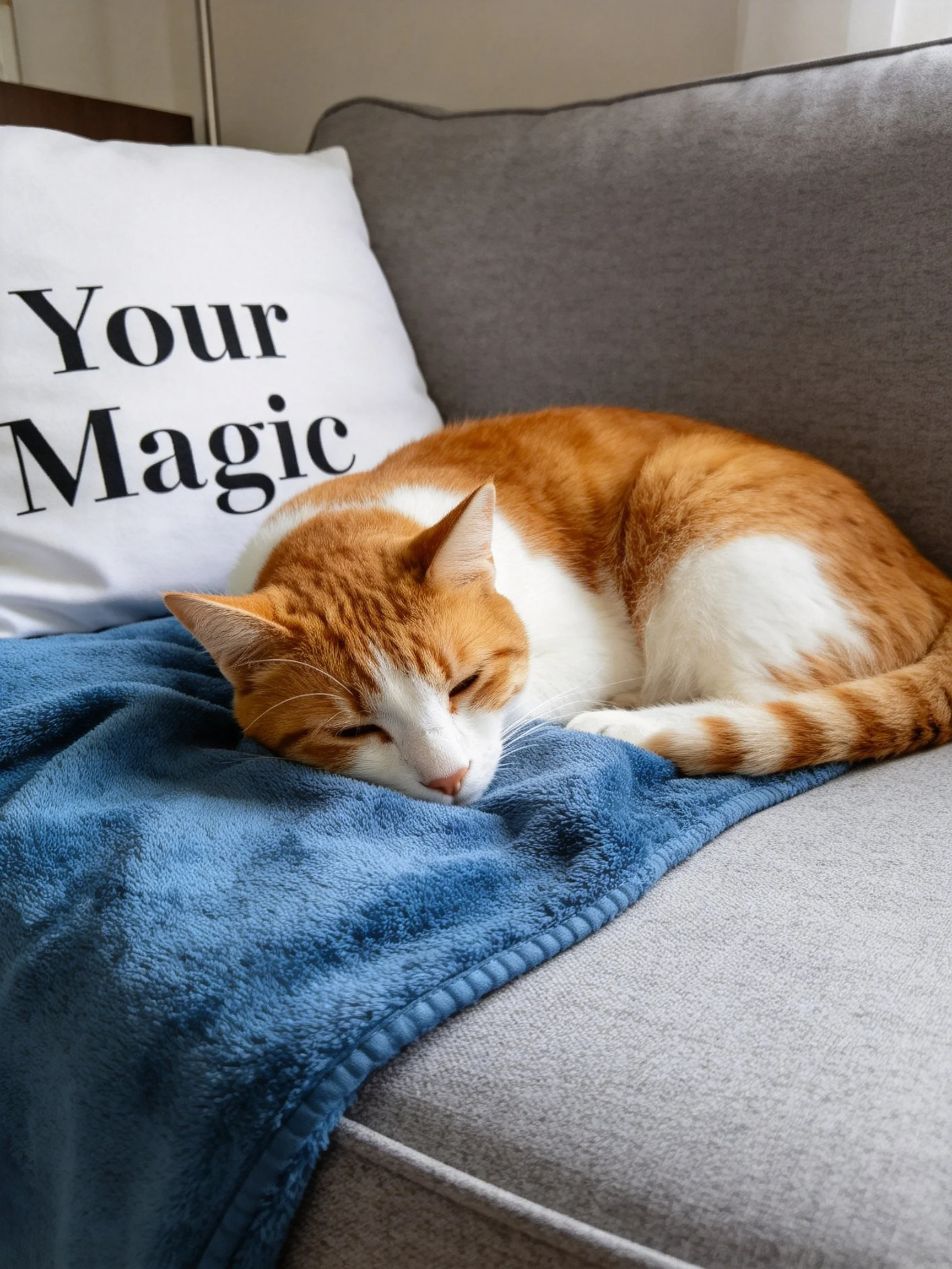 An orange and white cat sleeps on a blue blanket near a Your Magic pillow