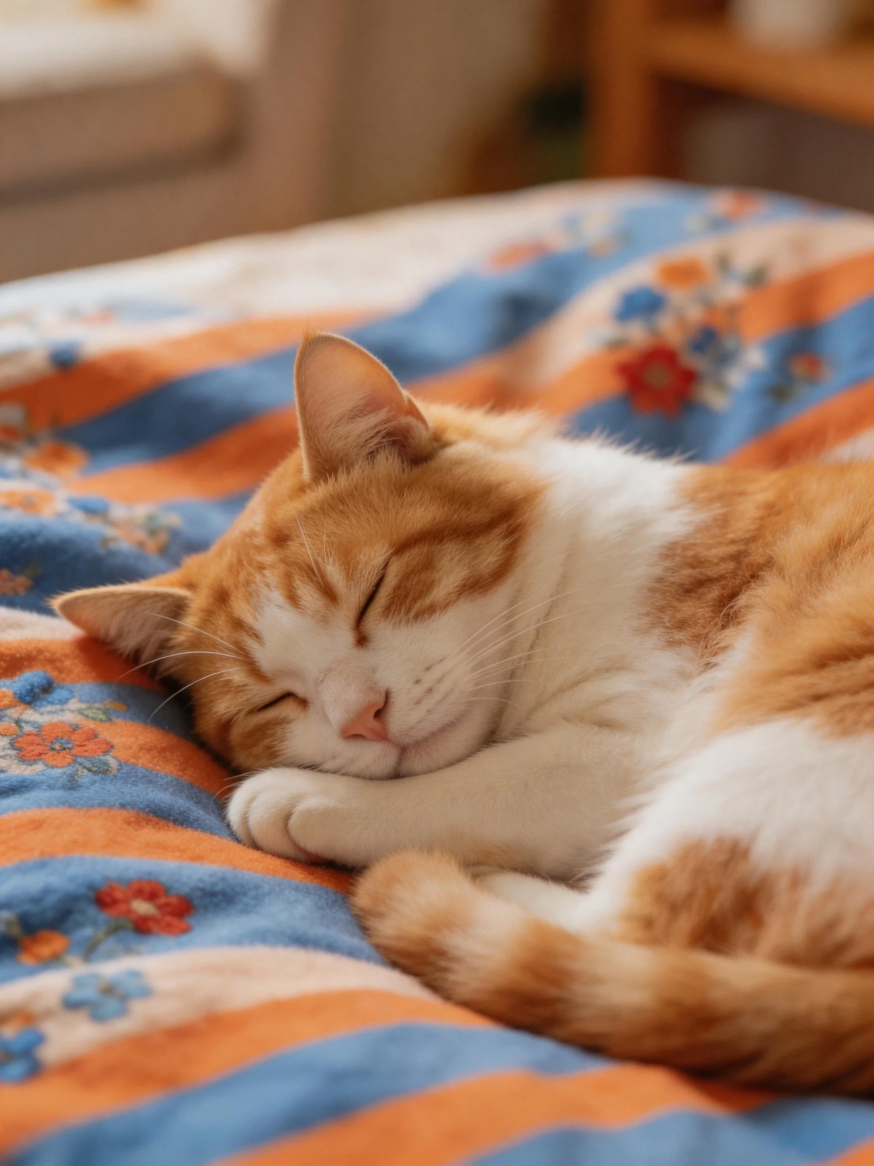 An orange and white cat rests on a colorful patterned blanket