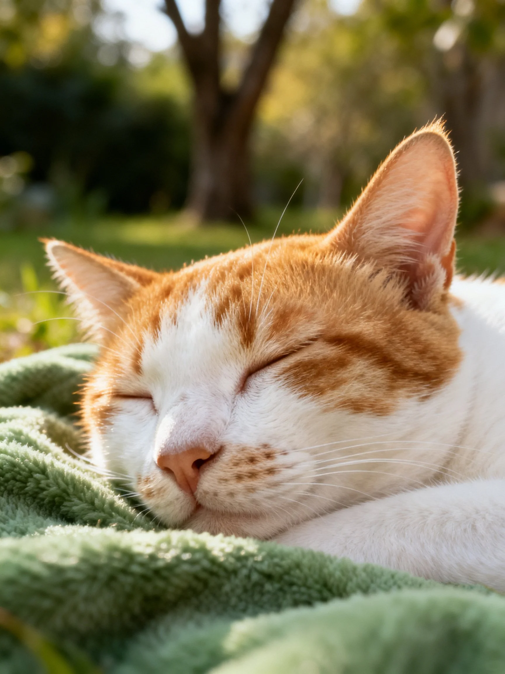 An orange-and-white cat rests on a green towel in a sunlit outdoor area.