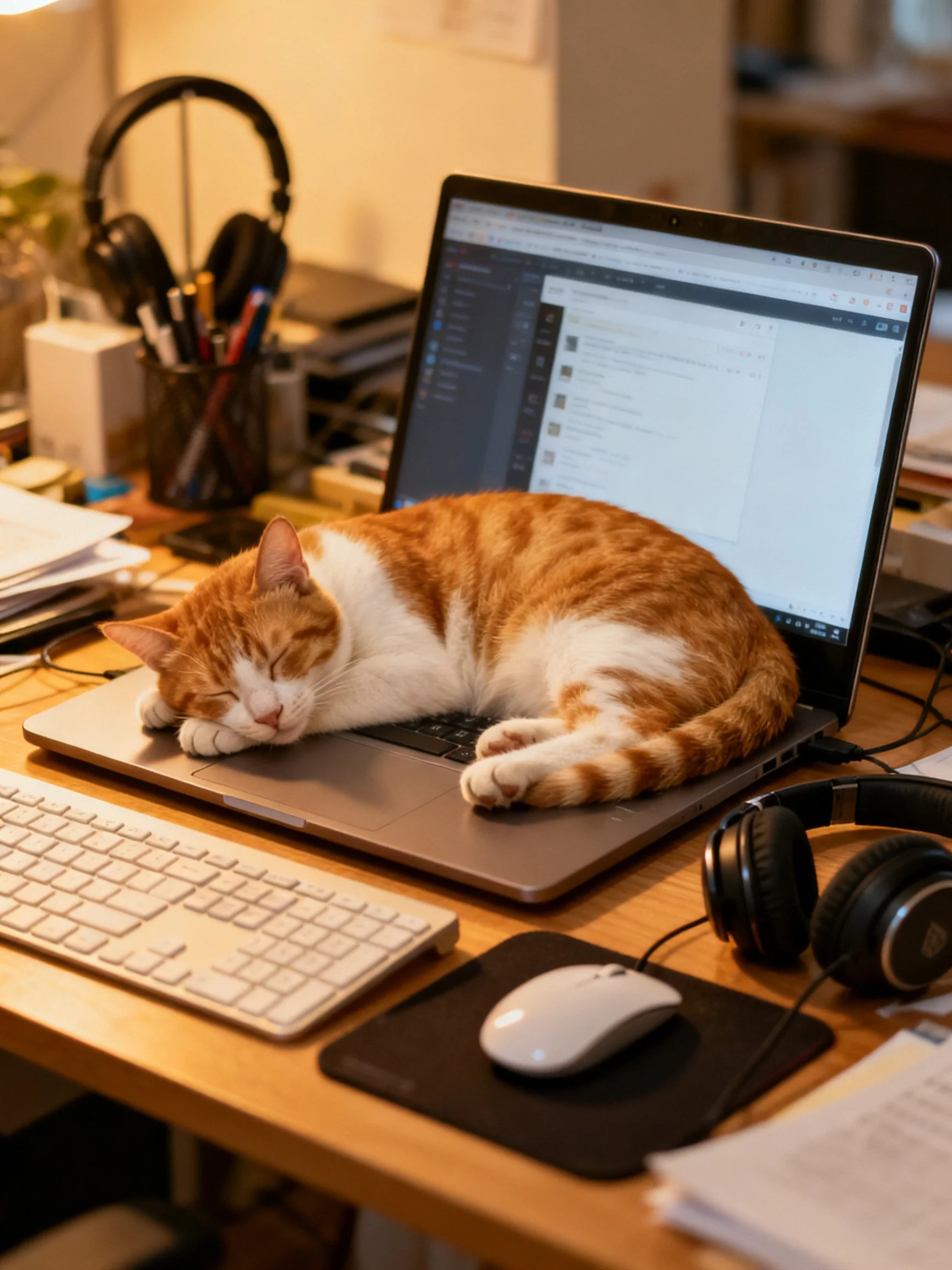An orange and white cat rests on a laptop in a cluttered workspace.