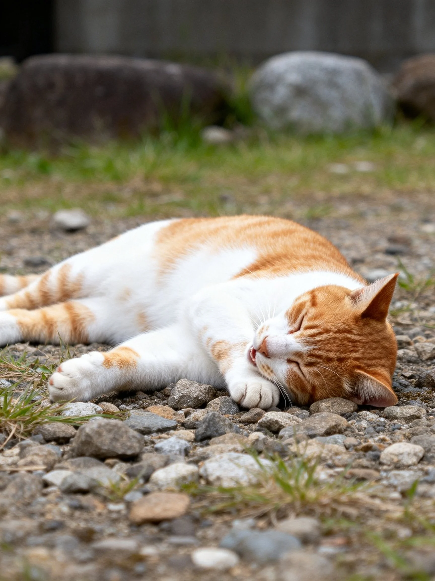 An orange and white cat sleeps on gravel near rocks and grass