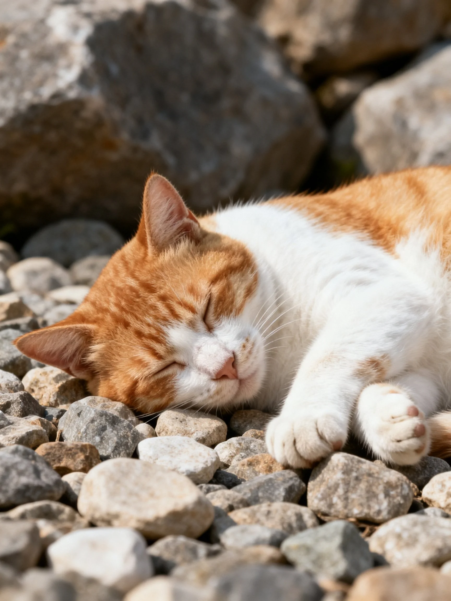 An orange and white cat sleeps on pebbles near large rocks