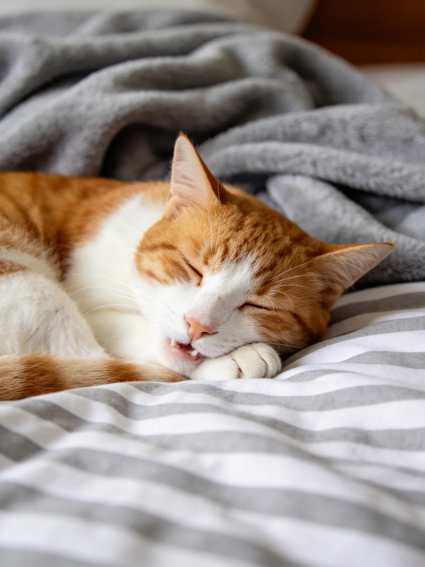An orange and white cat rests contentedly on striped bedding surrounded by soft gray blankets.