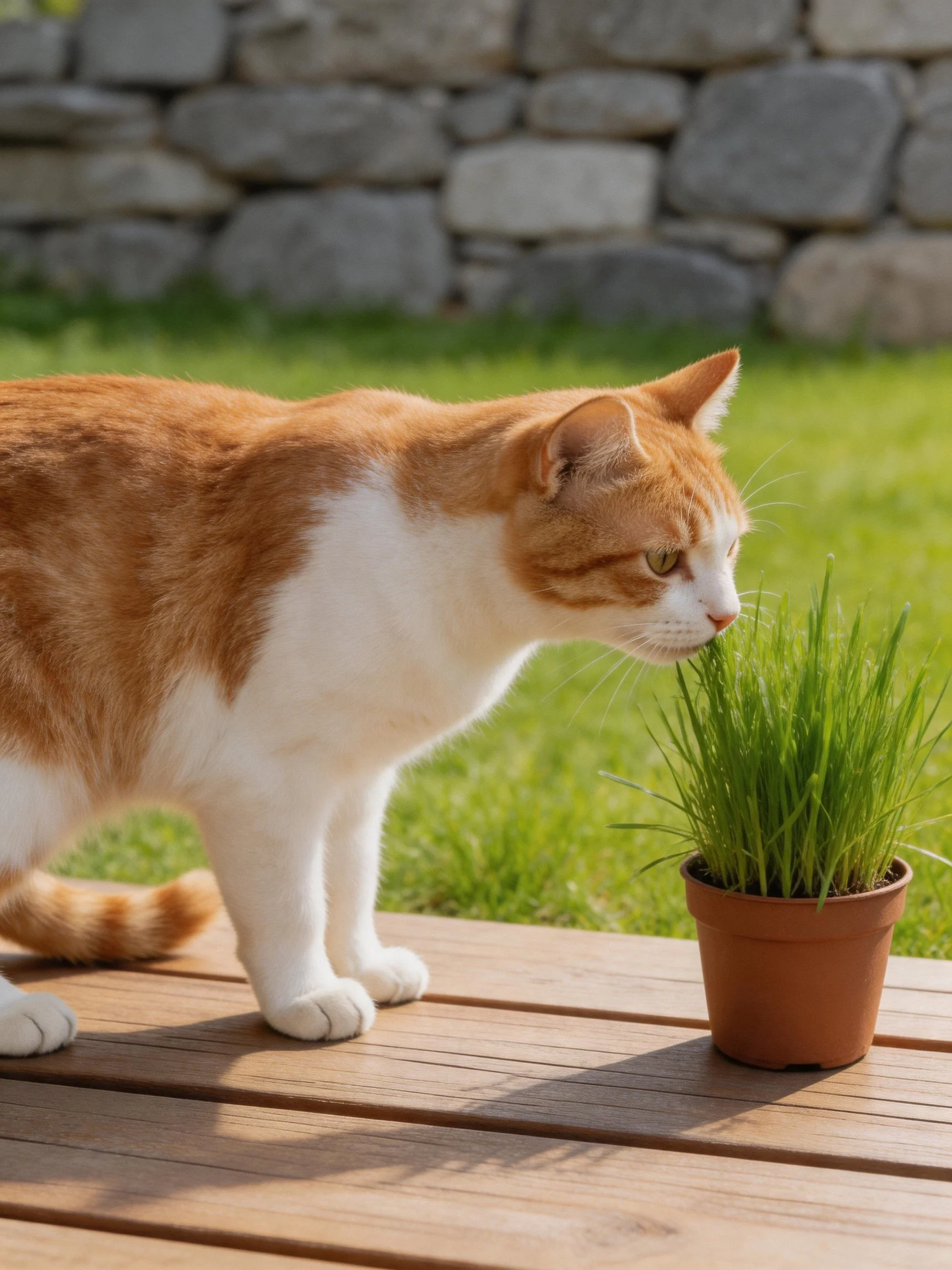 An orange and white cat sniffs a potted green plant on a wooden deck