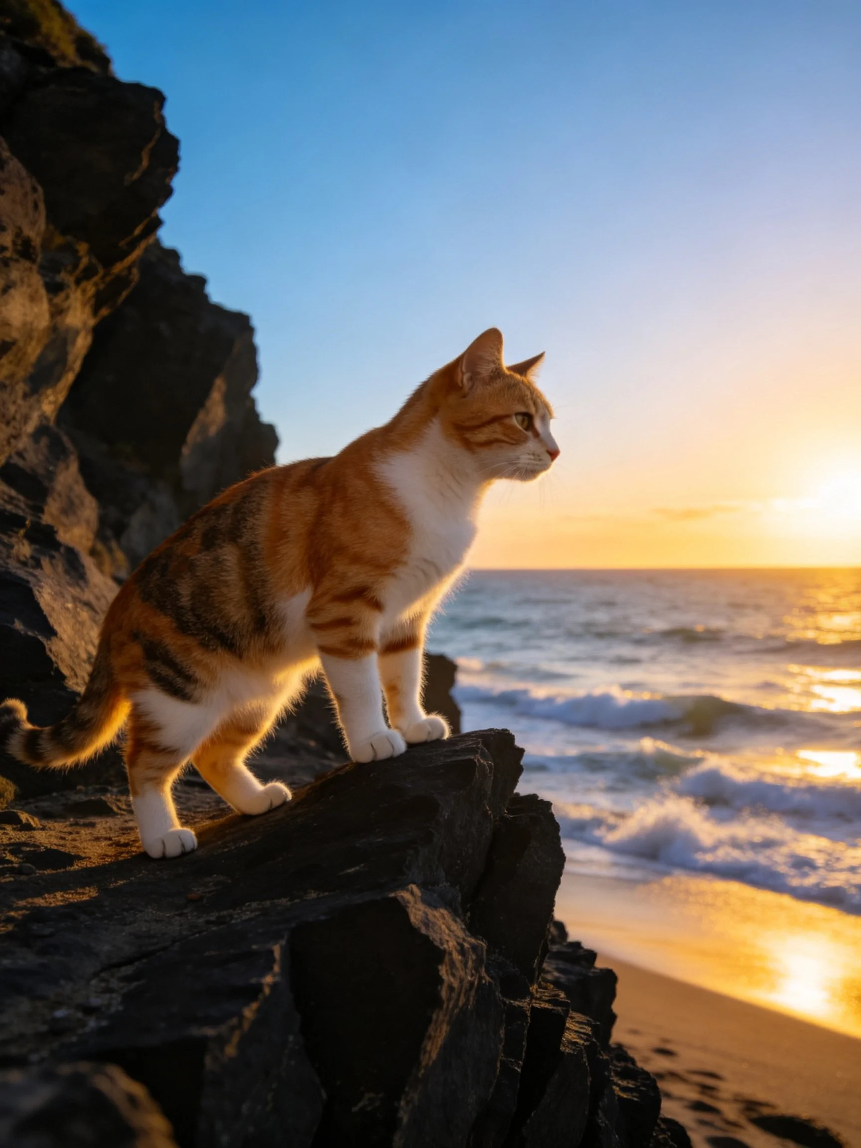 An orange-and-white cat observes the ocean from dark rocky cliffs during sunset.