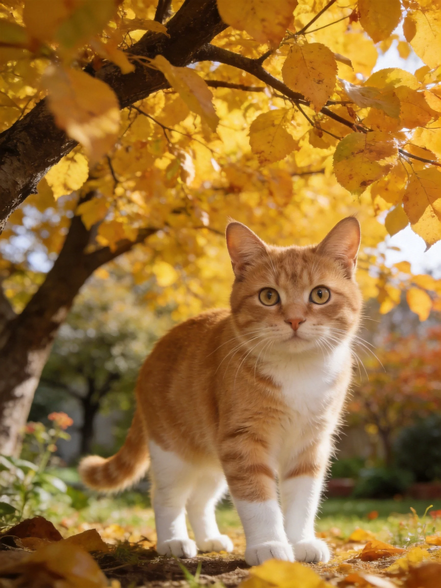 An orange and white cat stands in a sunlit garden with golden autumn leaves.